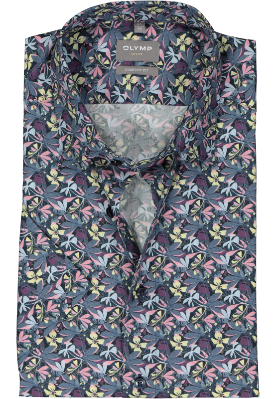 OLYMP comfort fit overhemd, korte mouw, popeline, grijs met geel en roze dessin OLYMP comfort fit overhemd, korte mouw, popeline, grijs met geel en roze dessin