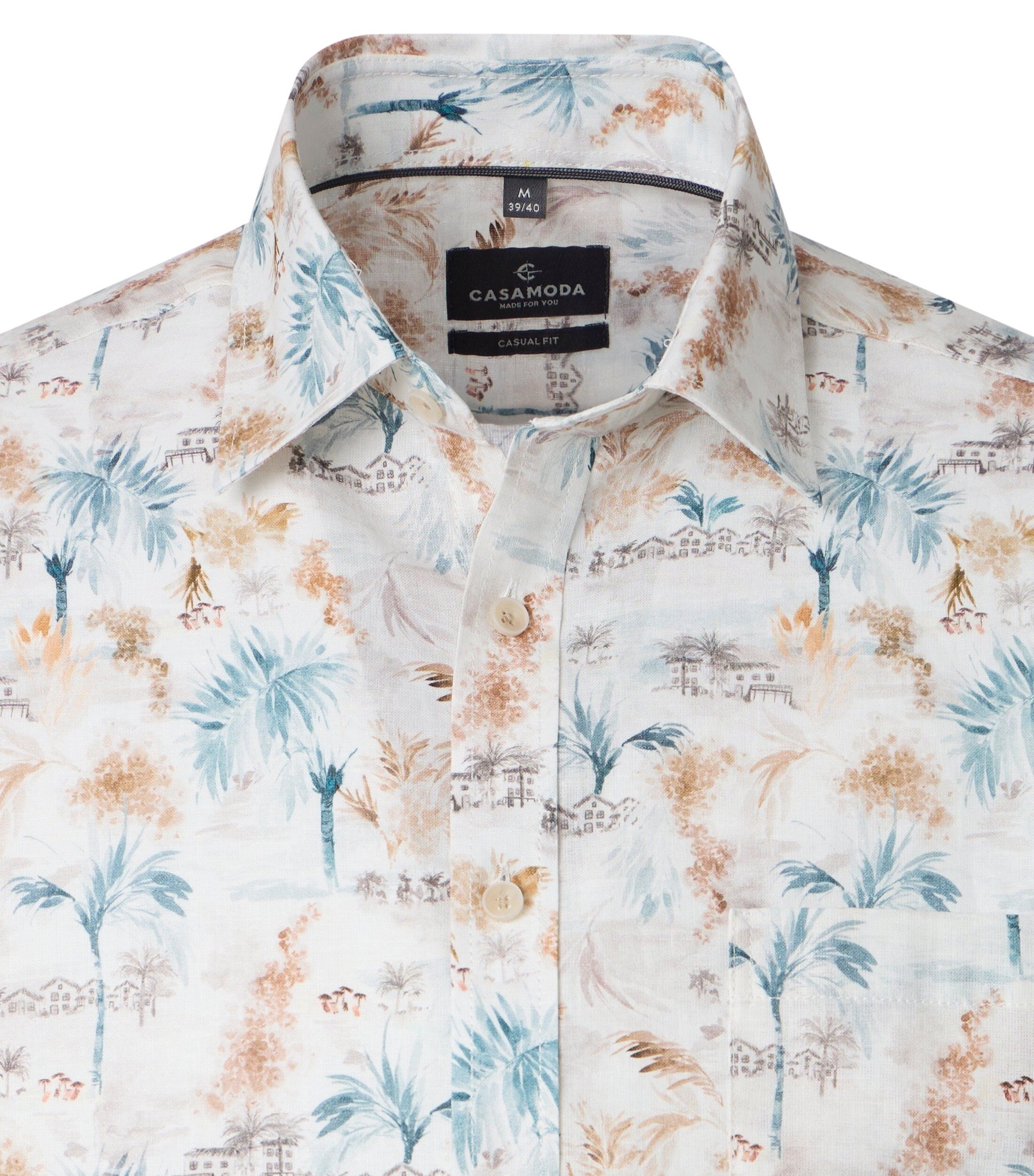 CASA MODA Sport casual fit overhemd, korte mouw, chambray, wit met bruin en blauw dessin
