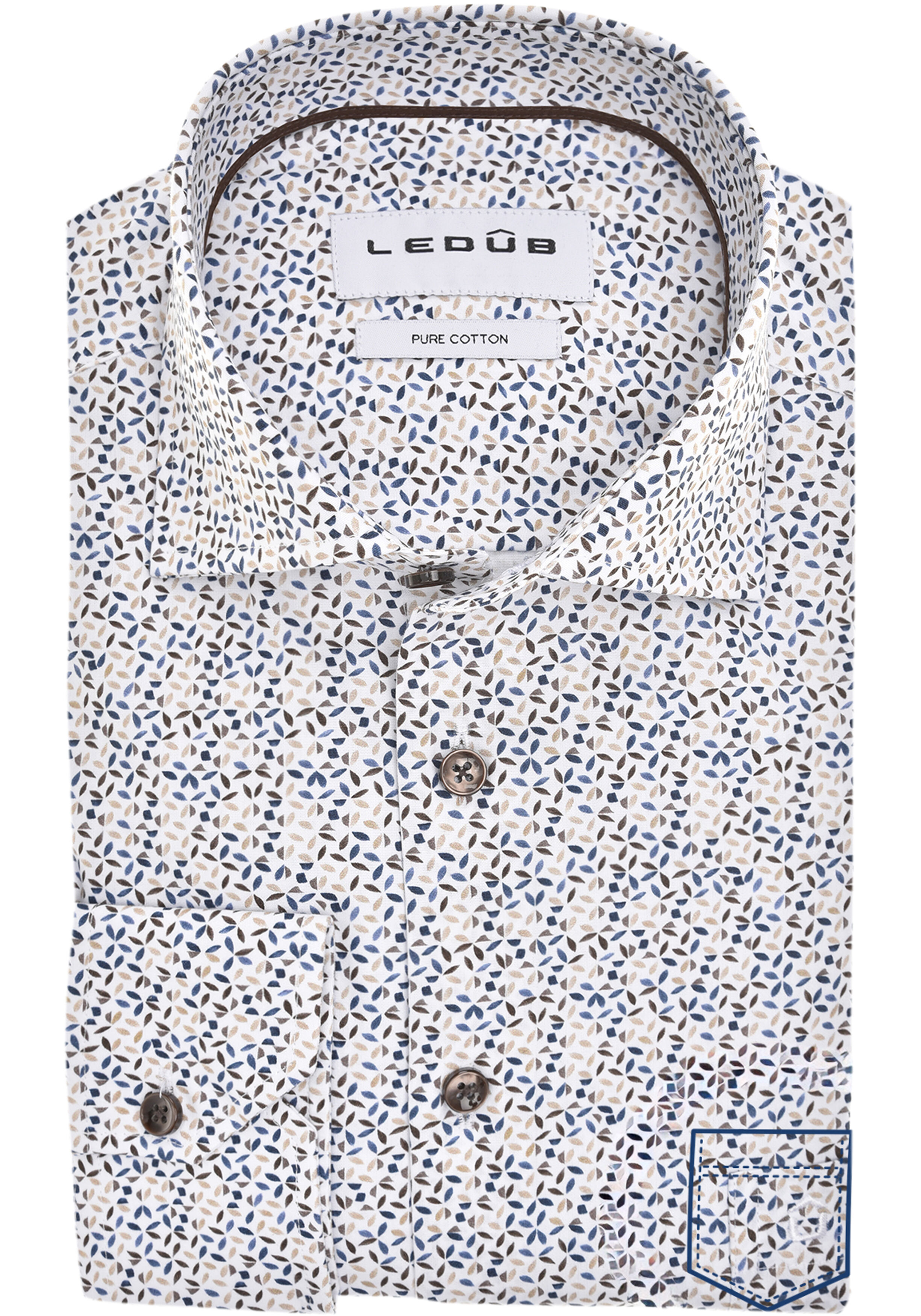 Ledub modern fit overhemd, popeline, wit met blauw, bruin en beige dessin