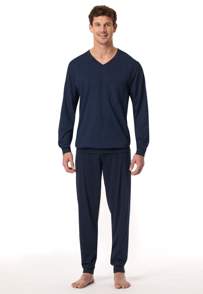 SCHIESSER Cotton Essentials Pyjama lang, heren pyjama set, nachtblauw dessin