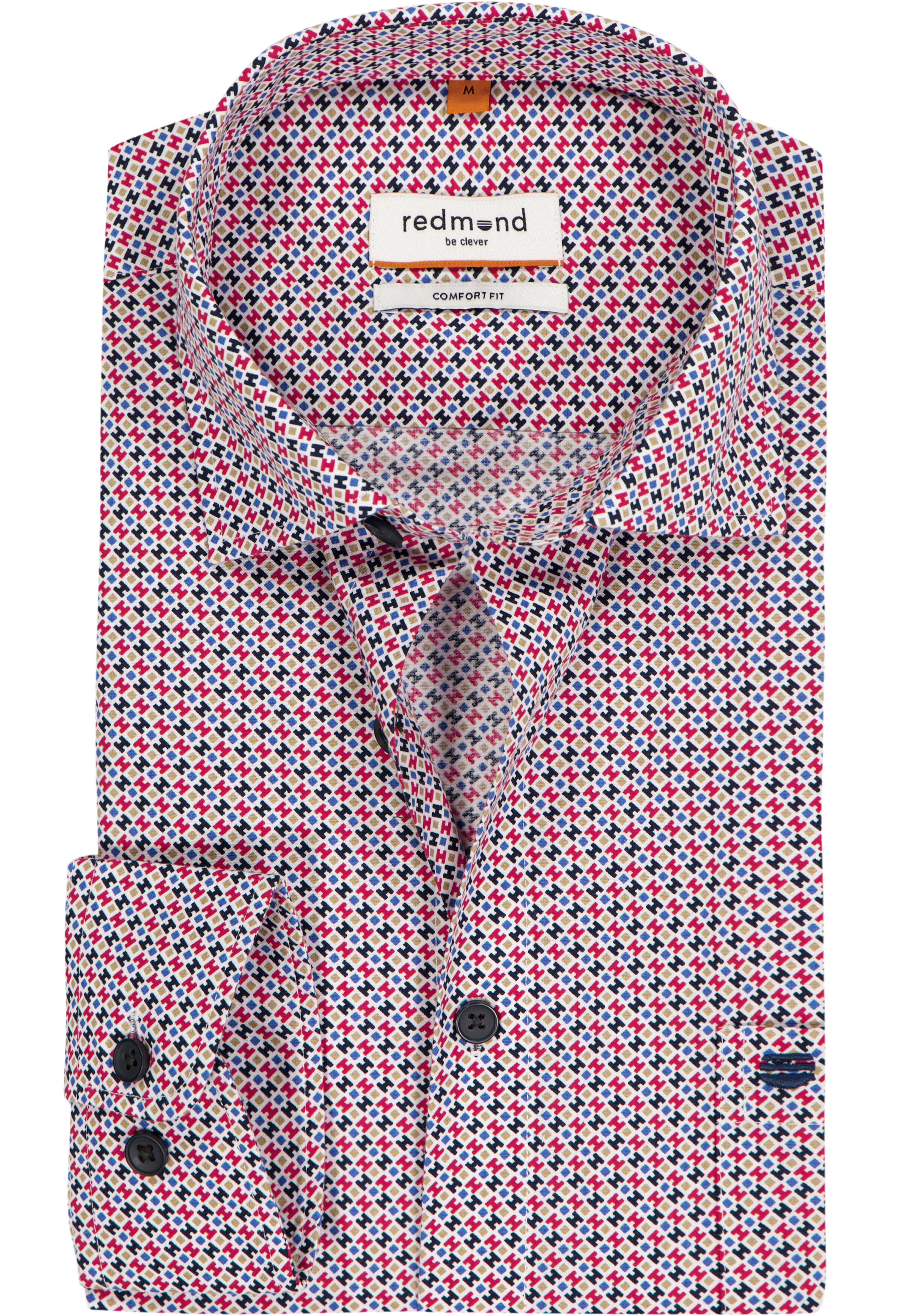 Redmond comfort fit overhemd, popeline, blauw met rood, wit en beige dessin