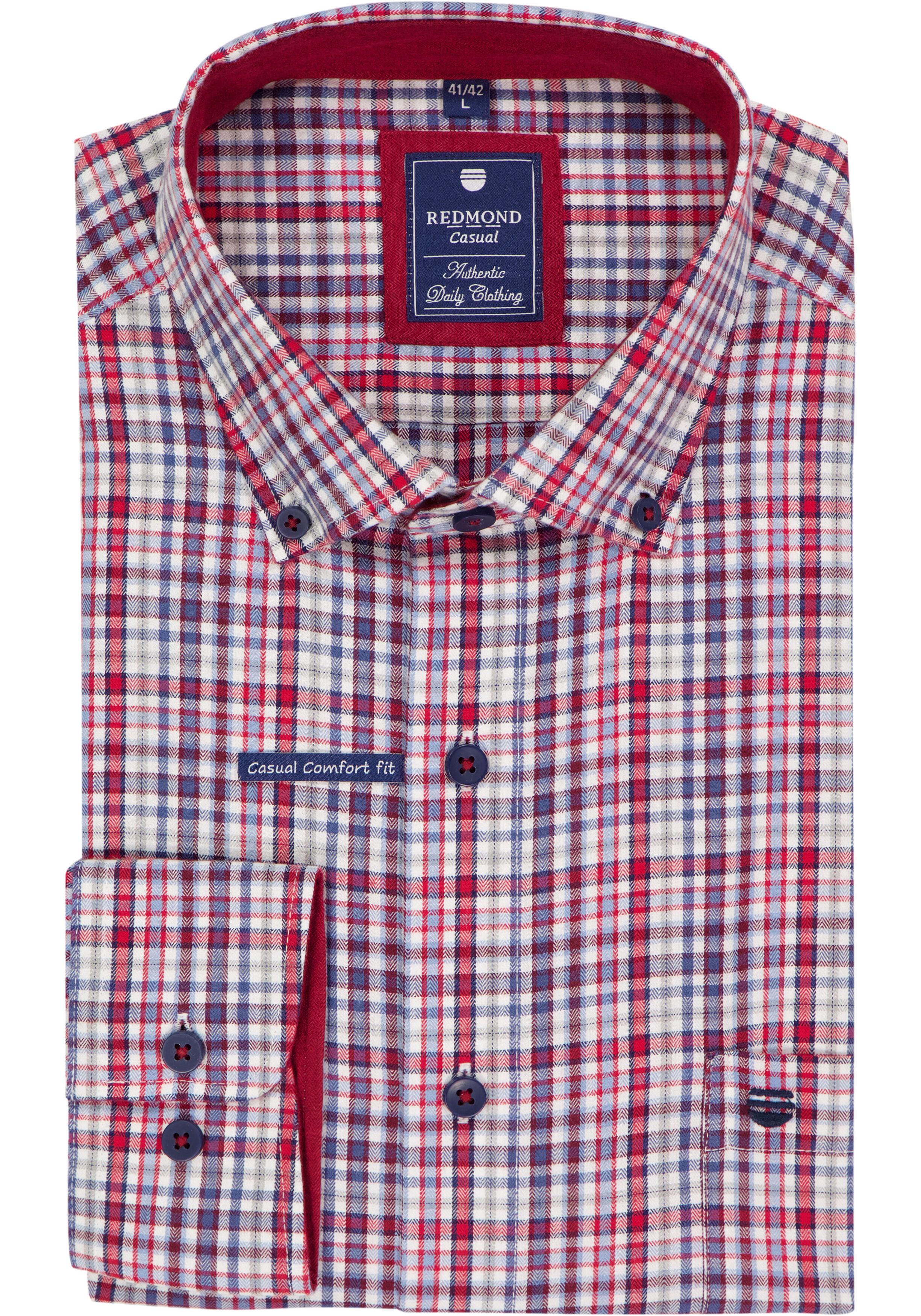 Redmond comfort fit overhemd, twill, blauw, wit, rood en grijs geruit