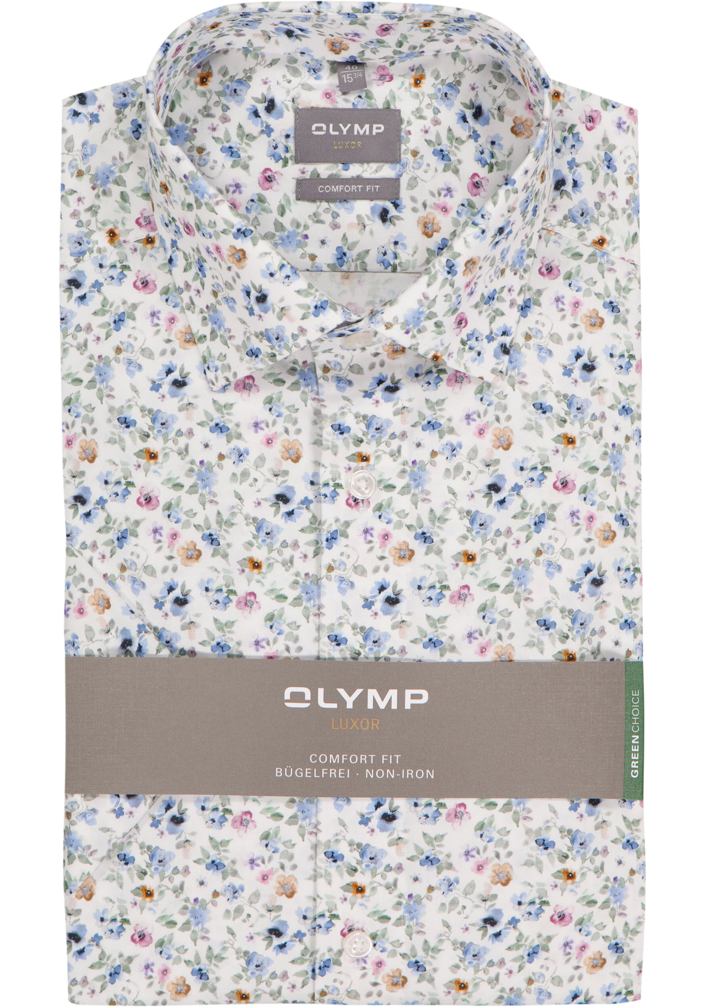 OLYMP Luxor comfort fit overhemd, korte mouw, dobby, wit met blauw en roze bloemetjes dessin