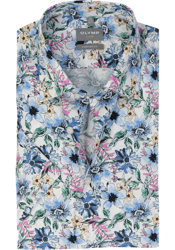 OLYMP comfort fit overhemd, korte mouw, popeline, wit met blauw, groen en roze bloemen dessin OLYMP comfort fit overhemd, korte mouw, popeline, wit met blauw, groen en roze bloemen dessin