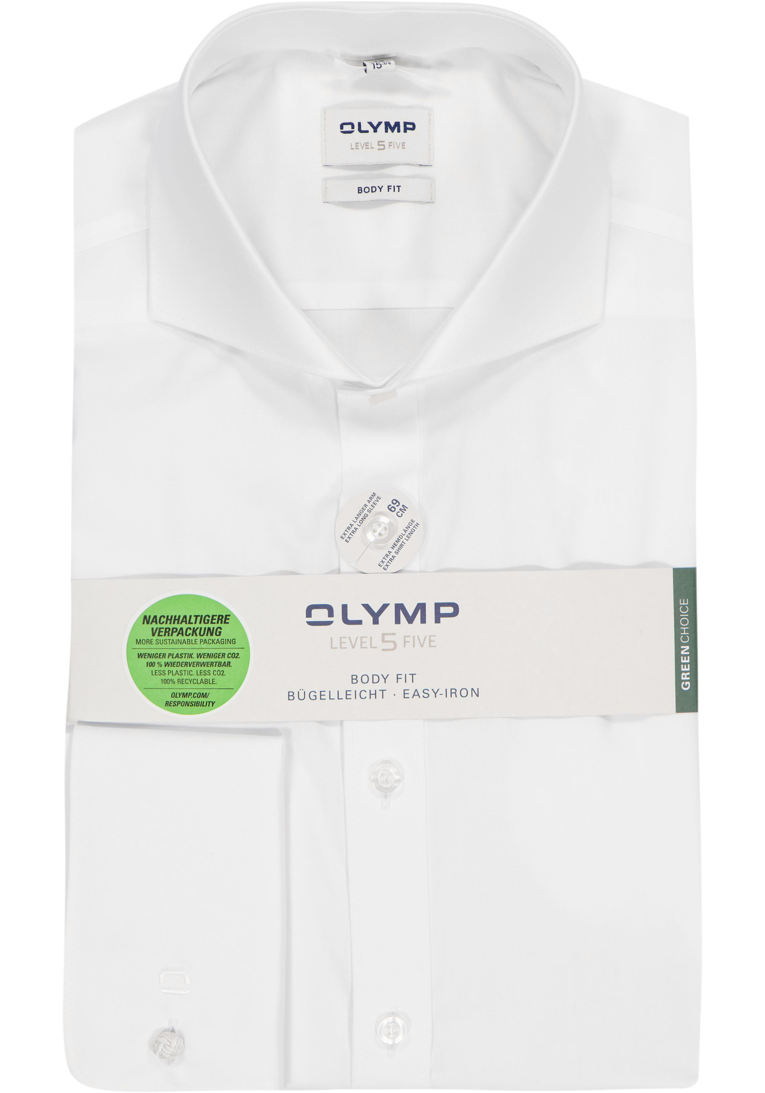 OLYMP Level 5 body fit overhemd, mouwlengte 7, dubbele manchet, wit