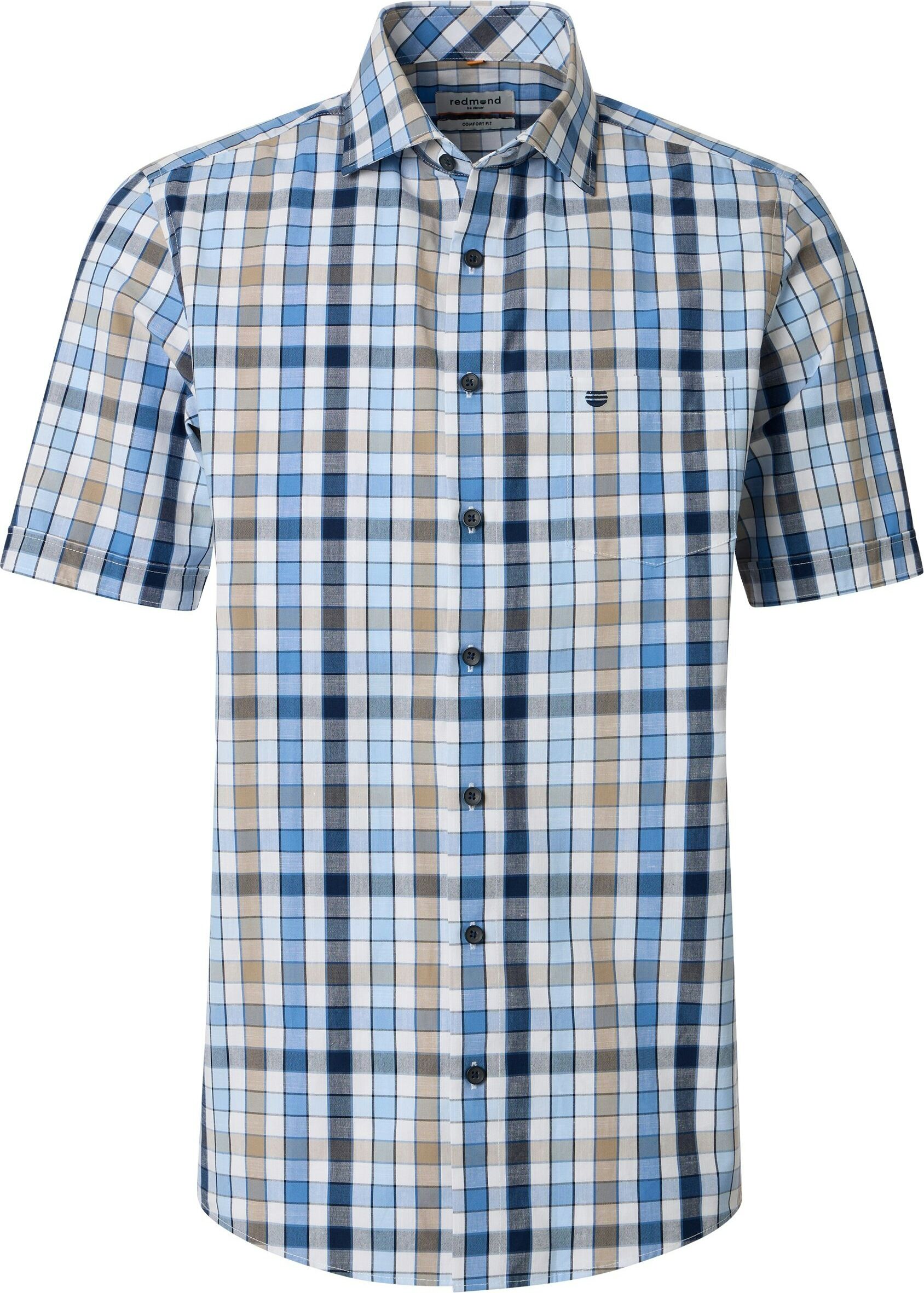 Redmond modern fit overhemd, korte mouw, chambray, lichtblauw, wit, donkerblauw, beige geruit