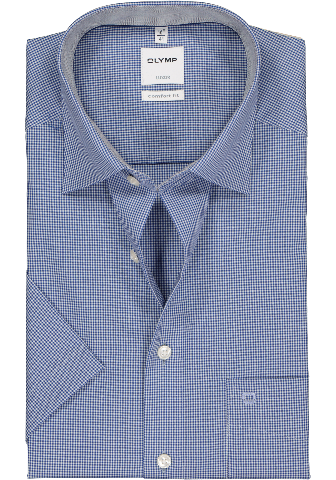 1-4049445004262_olymp-overhemd_HR OLYMP Luxor comfort fit overhemd, korte mouw, donkerblauw met wit geruit (contrast)
