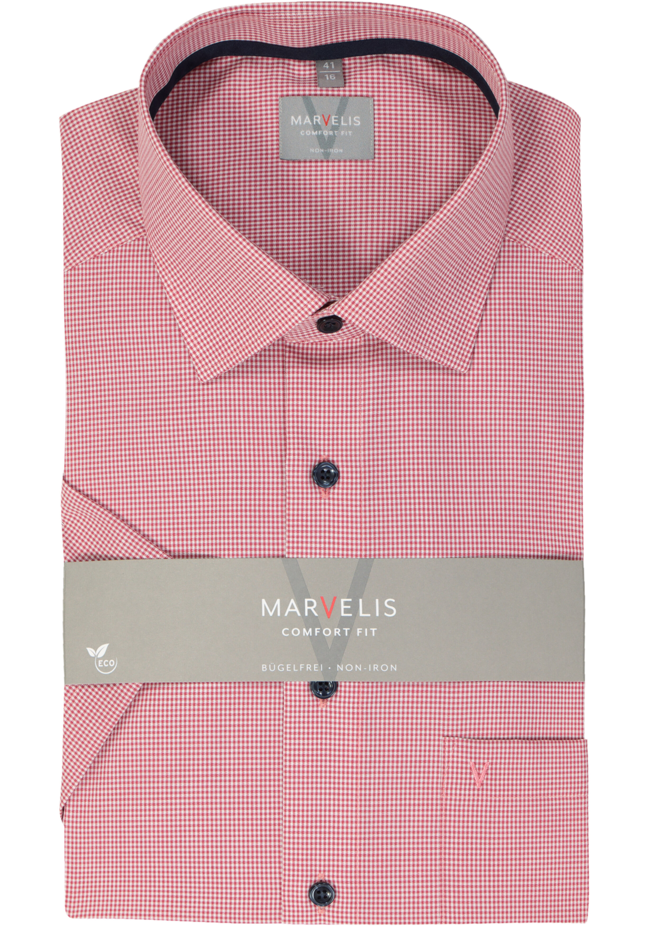 MARVELIS comfort fit overhemd, korte mouw, popeline, bordeaux rood geruit
