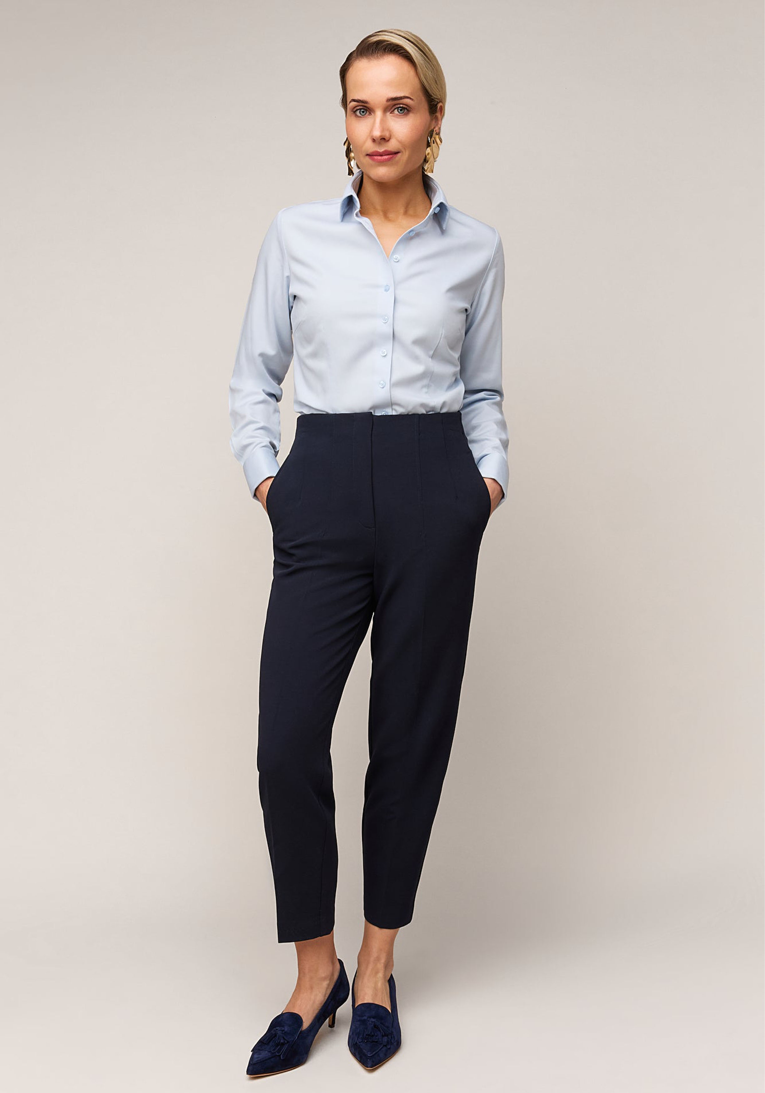 Vander Amsterdam damesblouse slim fit dubbele manchet, twill, lichtblauw