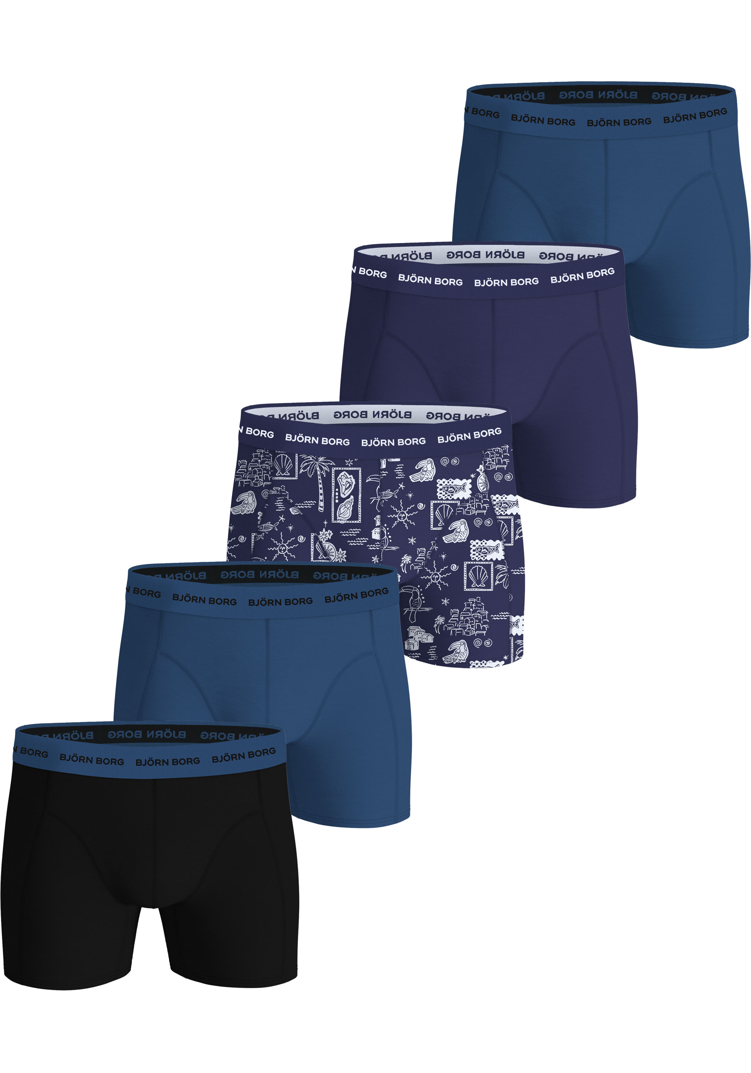 Bjorn Borg Cotton Stretch boxers, heren boxers normale lengte (5-pack), blauw, donkerblauw, print, blauw, zwart