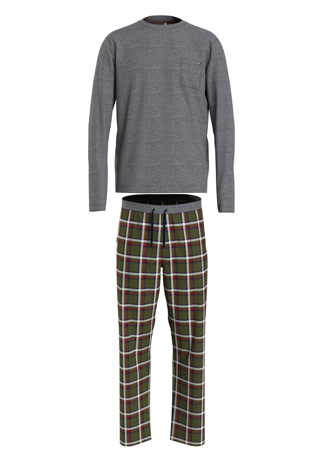 image_2_UM0UM029950T4_F_C3307wid Tommy Hilfiger heren pyjama O-hals, grijs met olijfgroen geruite broek