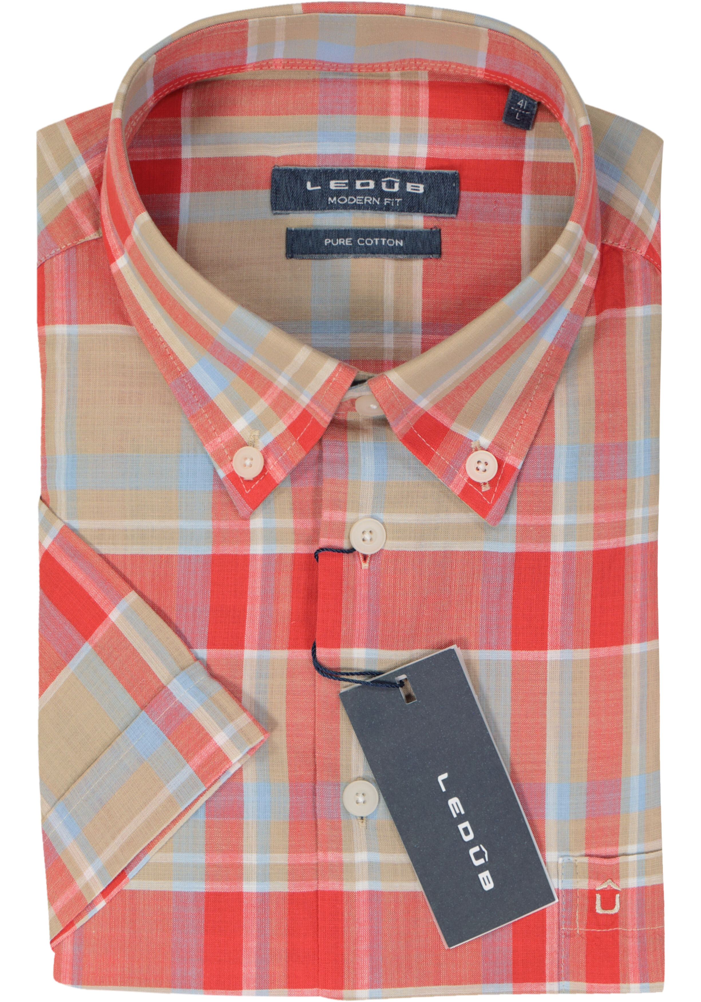 Ledub modern fit overhemd, korte mouw, rood met beige geruit