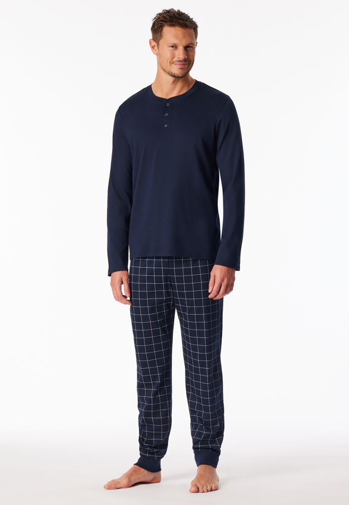 SCHIESSER Fine Interlock Pyjama lang, heren pyjama set, nachtblauw geruit
