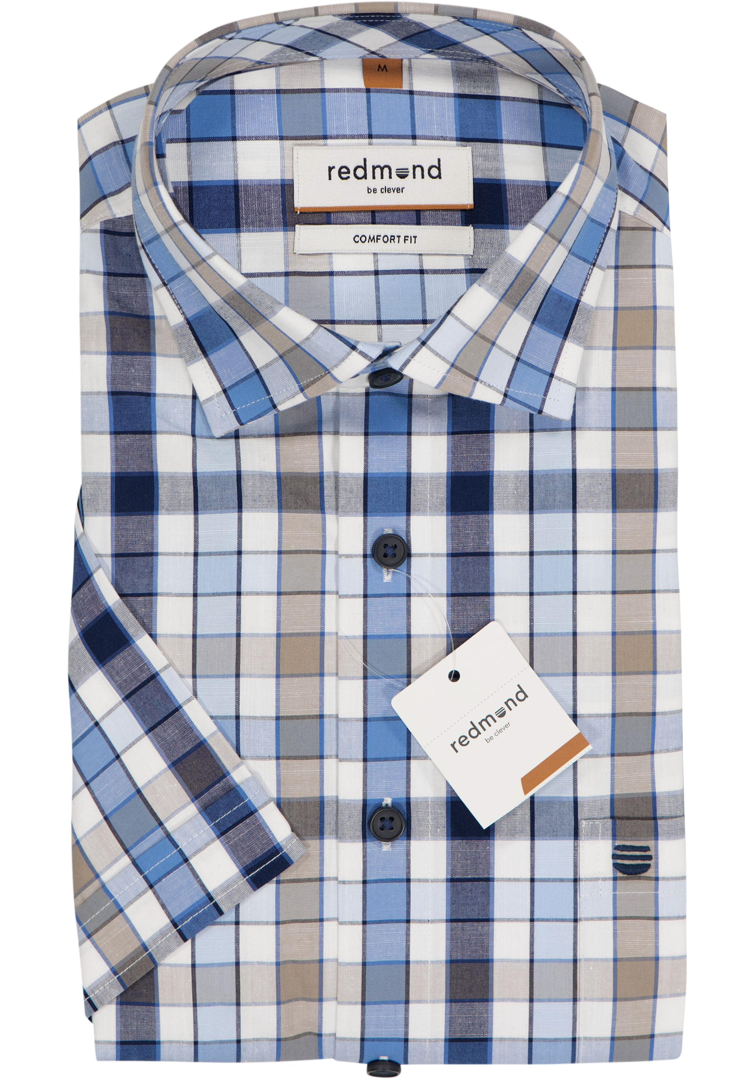 Redmond comfort fit overhemd, korte mouw, chambray, blauw met wit en beige geruit