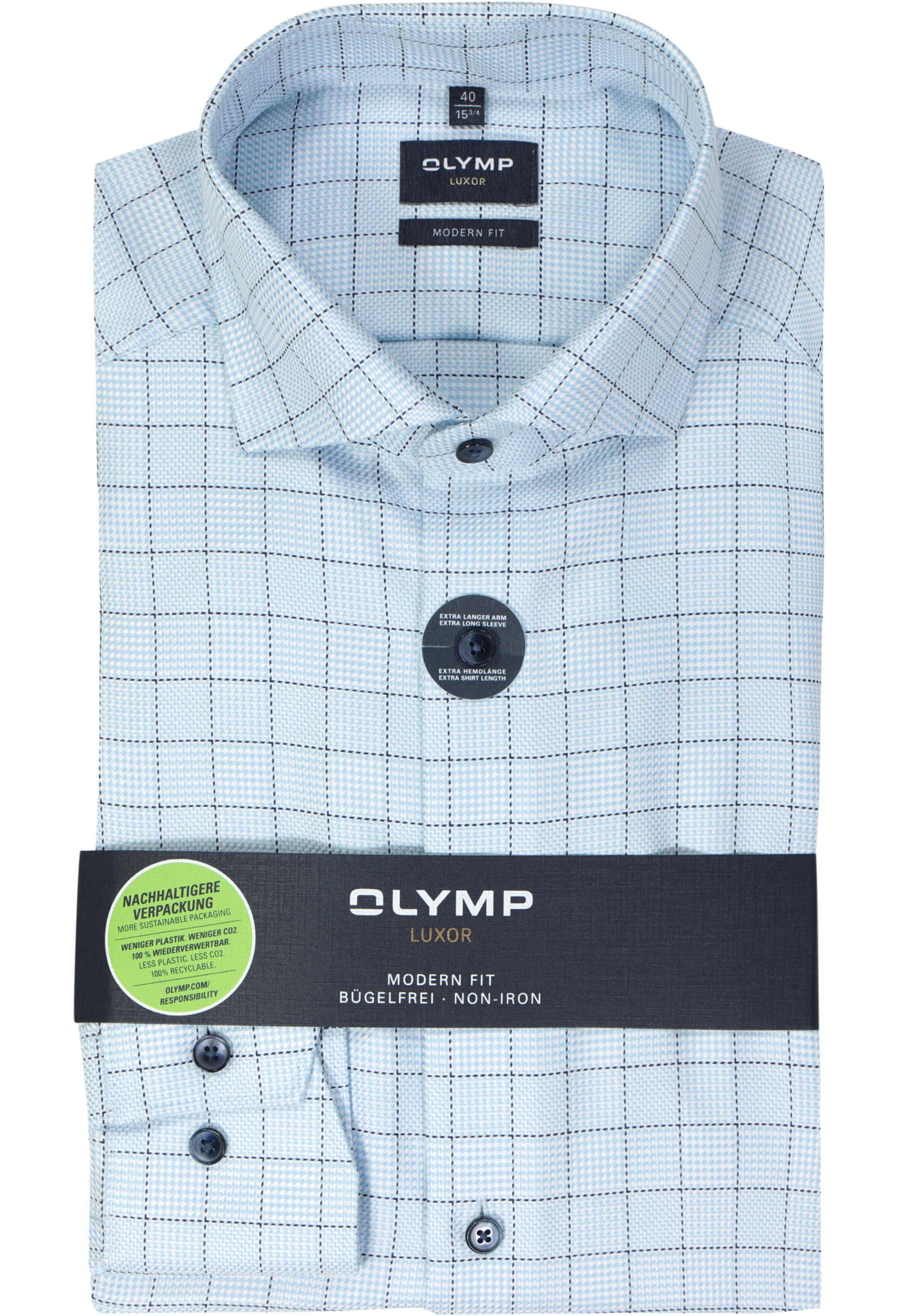 OLYMP Luxor modern fit overhemd, mouwlengte 7, popeline, lichtblauw geruit