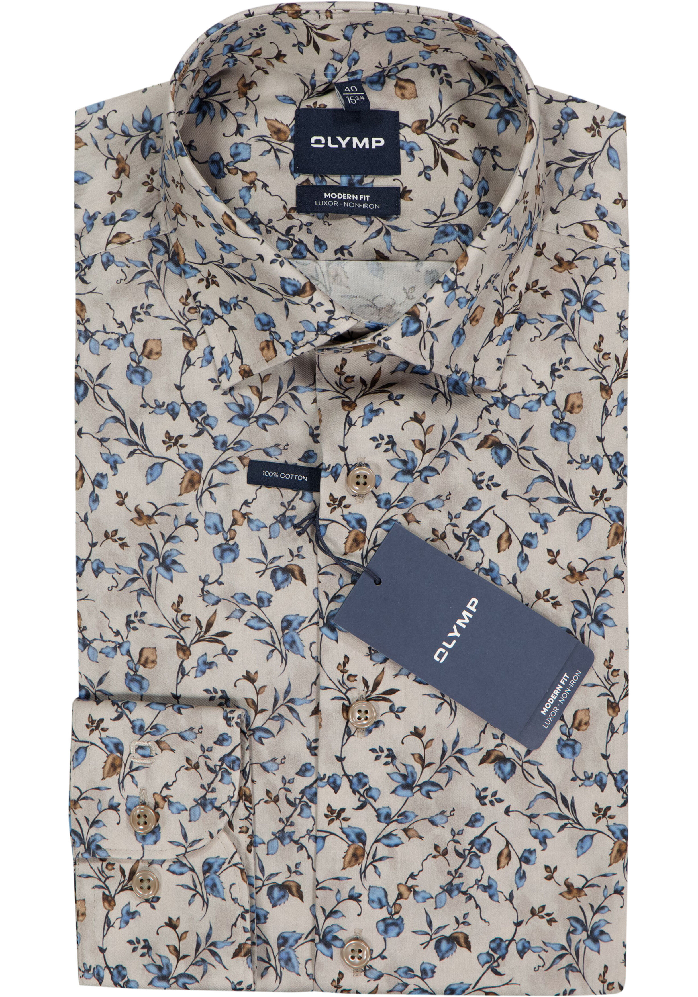 OLYMP Luxor modern fit overhemd, dobby, beige met blauw en groen dessin