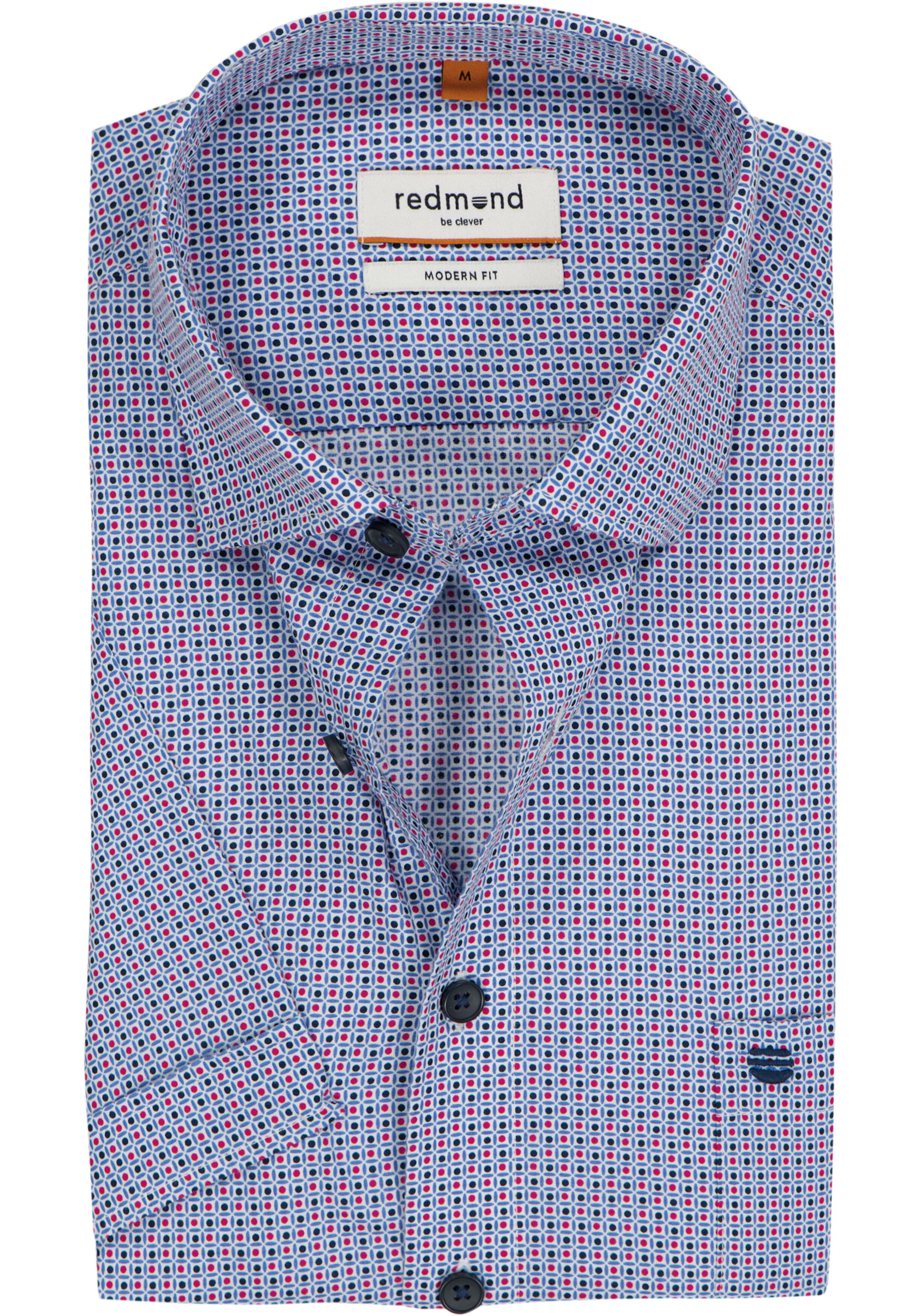 Redmond modern fit overhemd, korte mouw, popeline, blauw met rood en wit dessin