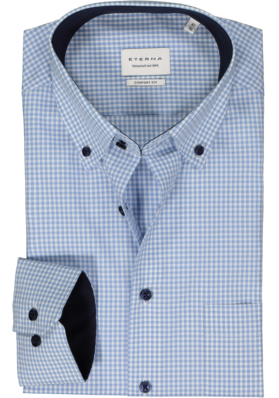 1-4067159152246_eterna-overhemd_HR ETERNA comfort fit overhemd, popeline, lichtblauw met wit geruit (contrast)