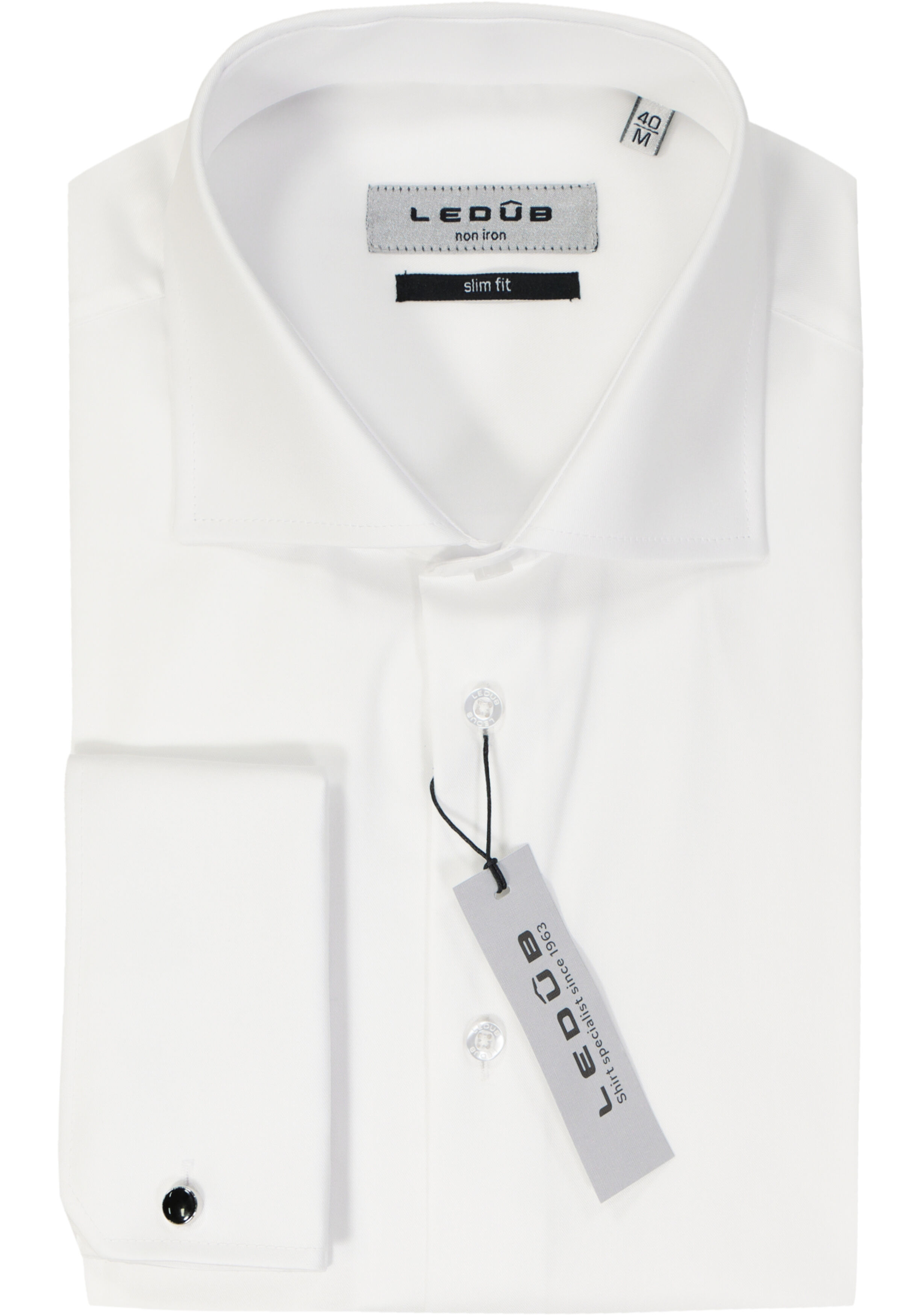 Ledub slim fit overhemd, dubbele manchet, wit twill 