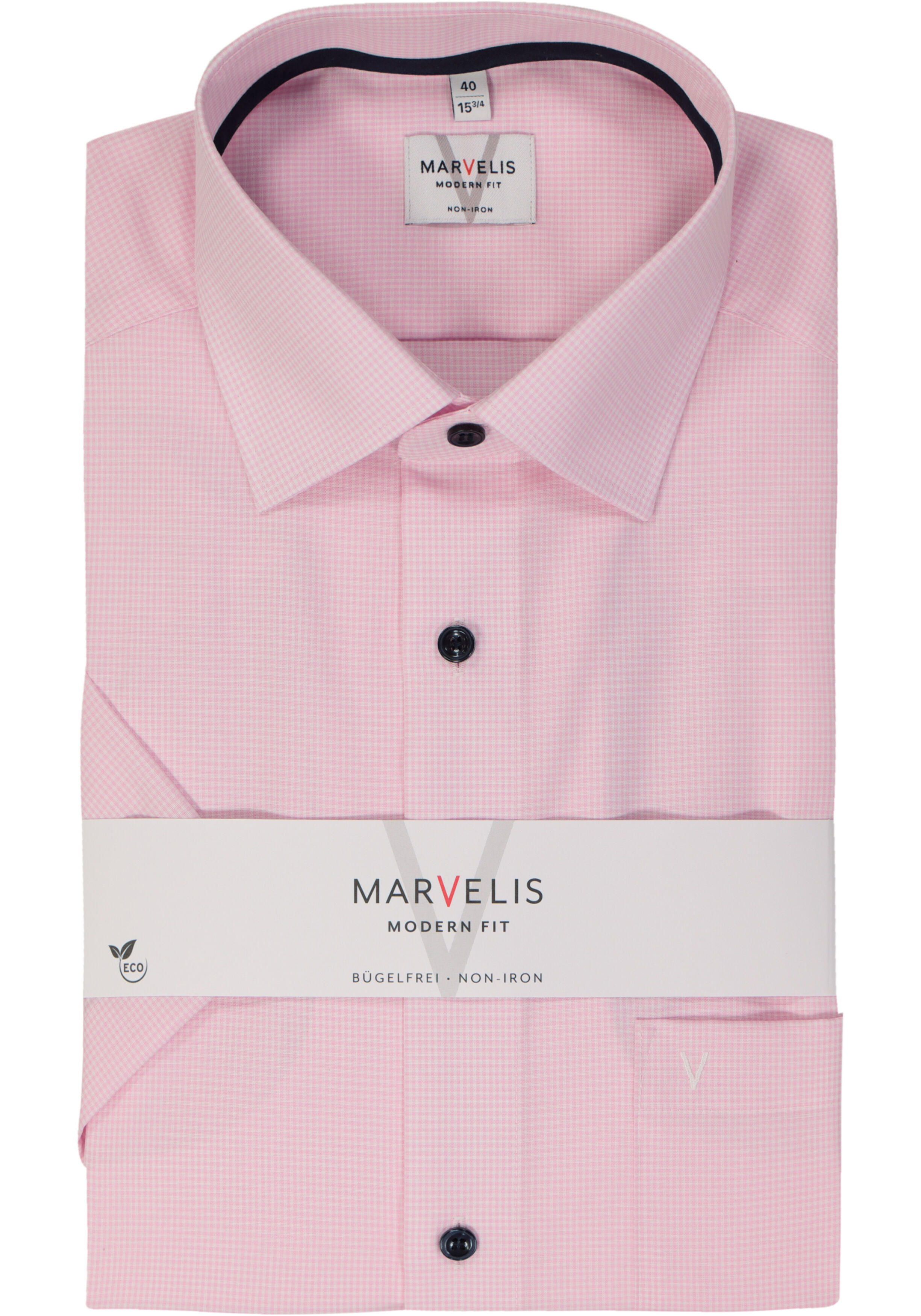 MARVELIS modern fit overhemd, korte mouw, popeline, roze met wit mini ruitje