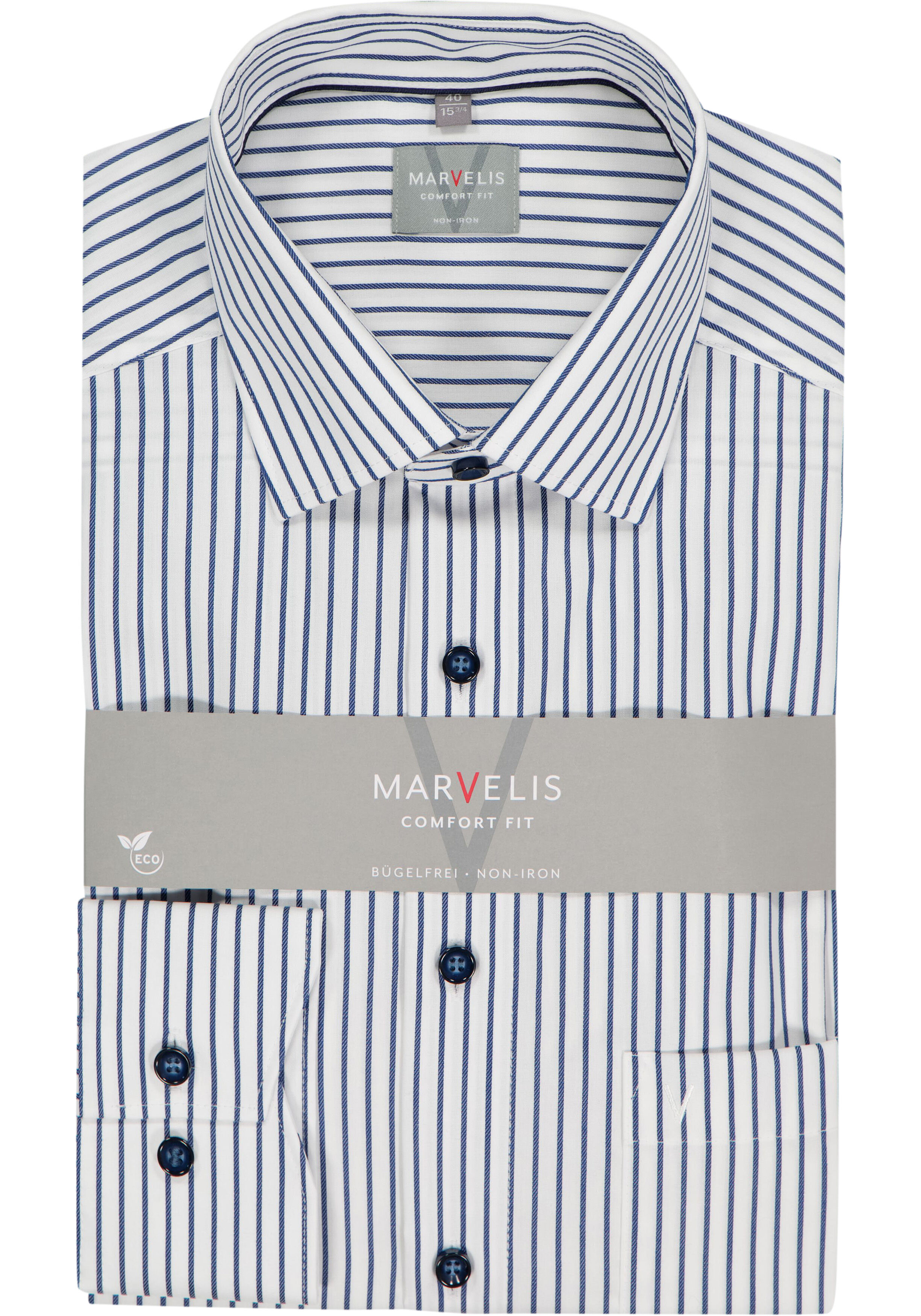 MARVELIS comfort fit overhemd, popeline, wit met donkerblauw gestreept