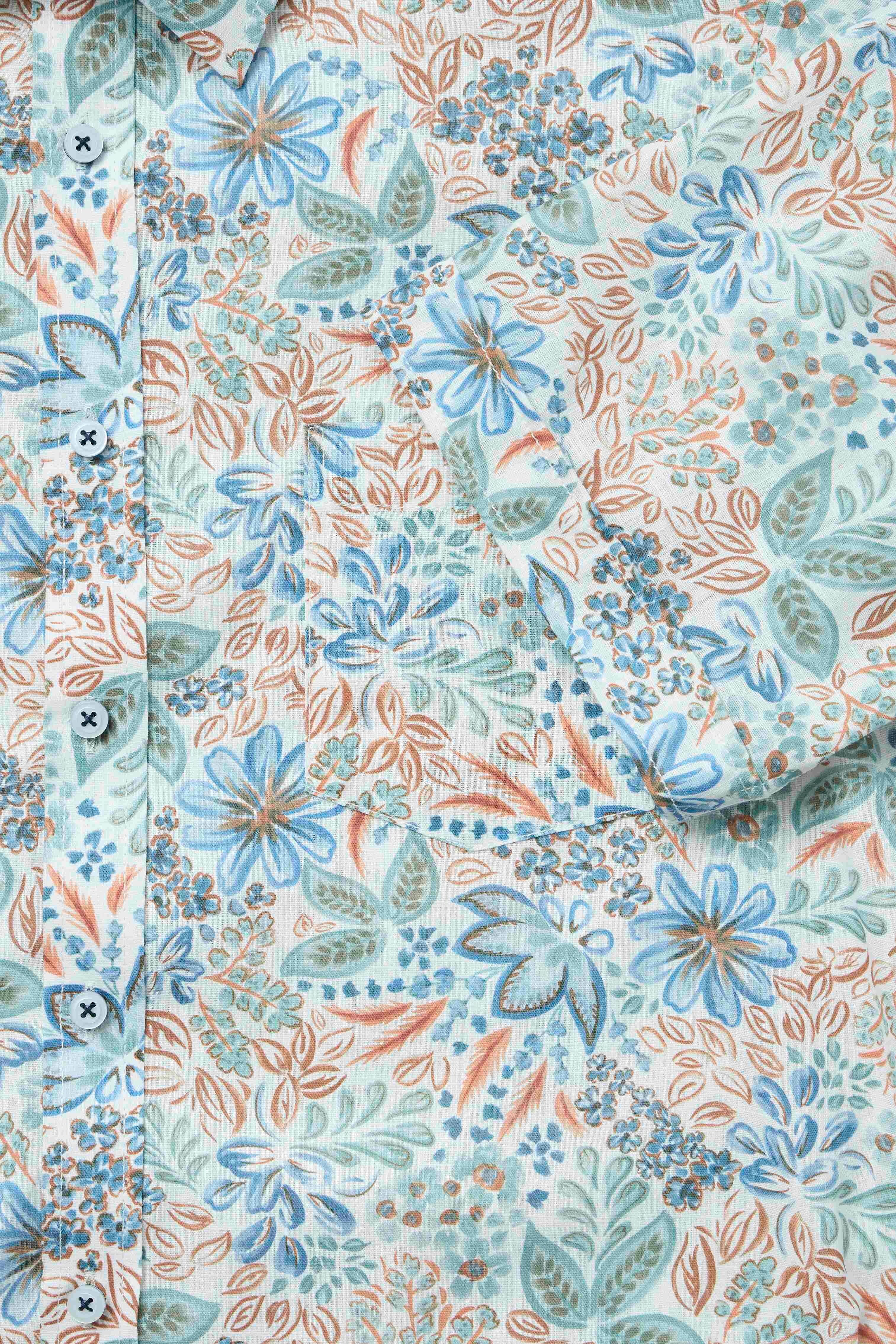 CASAMODA Sport comfort fit overhemd, korte mouw, chambray, wit met lichtblauw, lichtgroen en warm oranje dessin