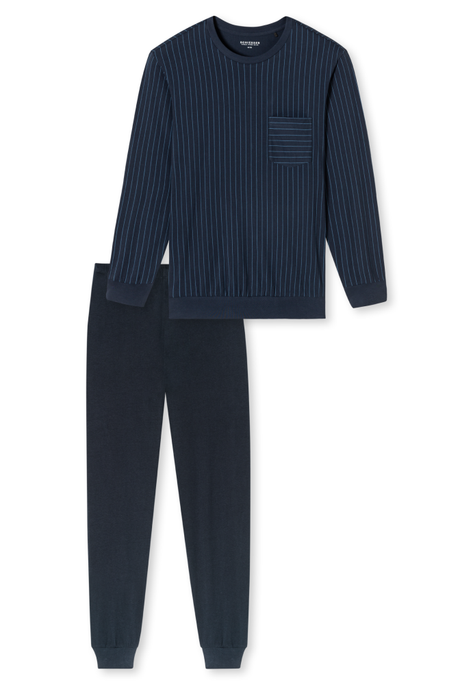 SCHIESSER Cotton Essentials Pyjama lang, heren pyjama set, donkerblauw gestreept