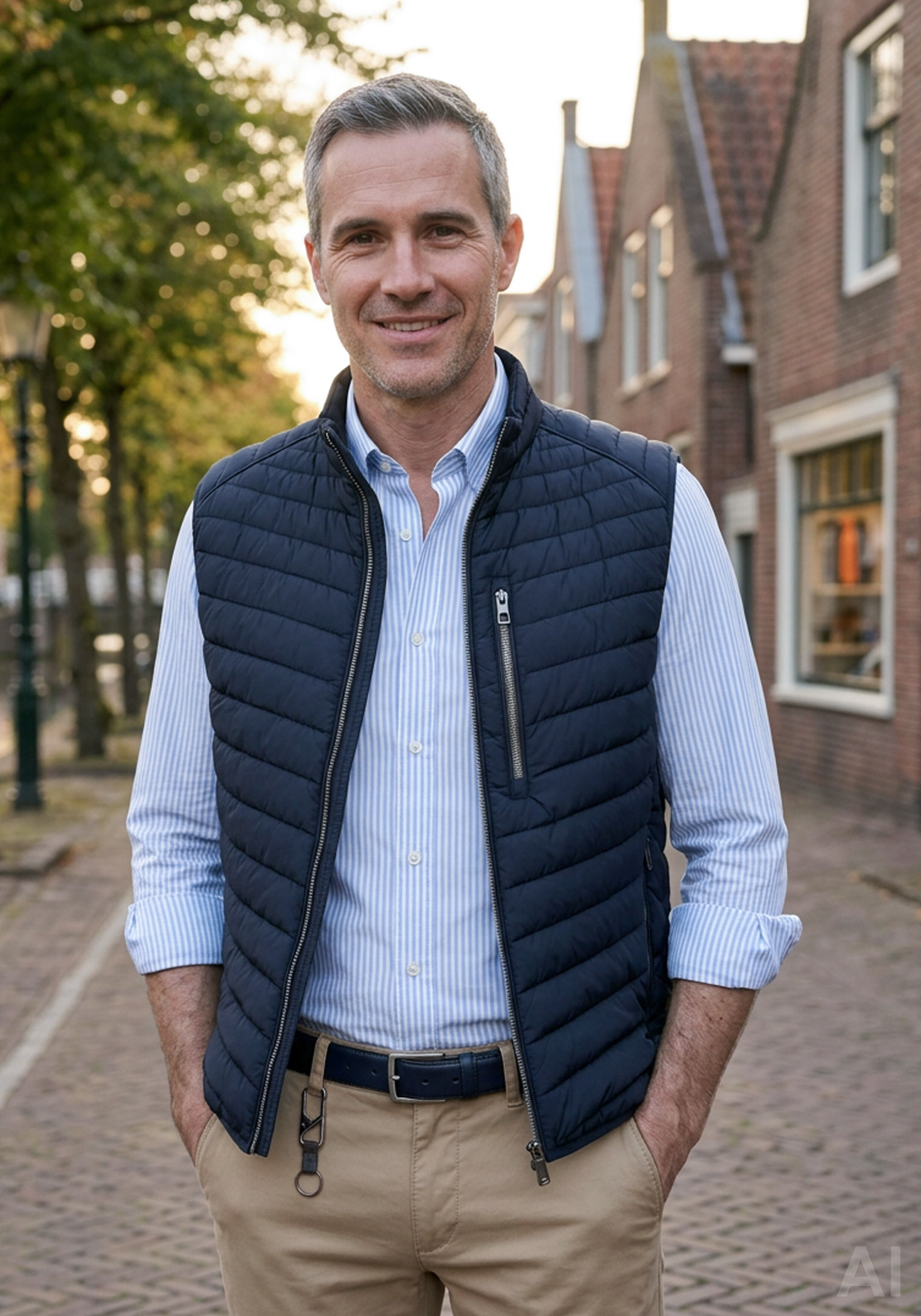 Lichtblauw streepje is altijd goed, Shop de look: CASA MODA heren overhemd, chino, bodywarmer en riem