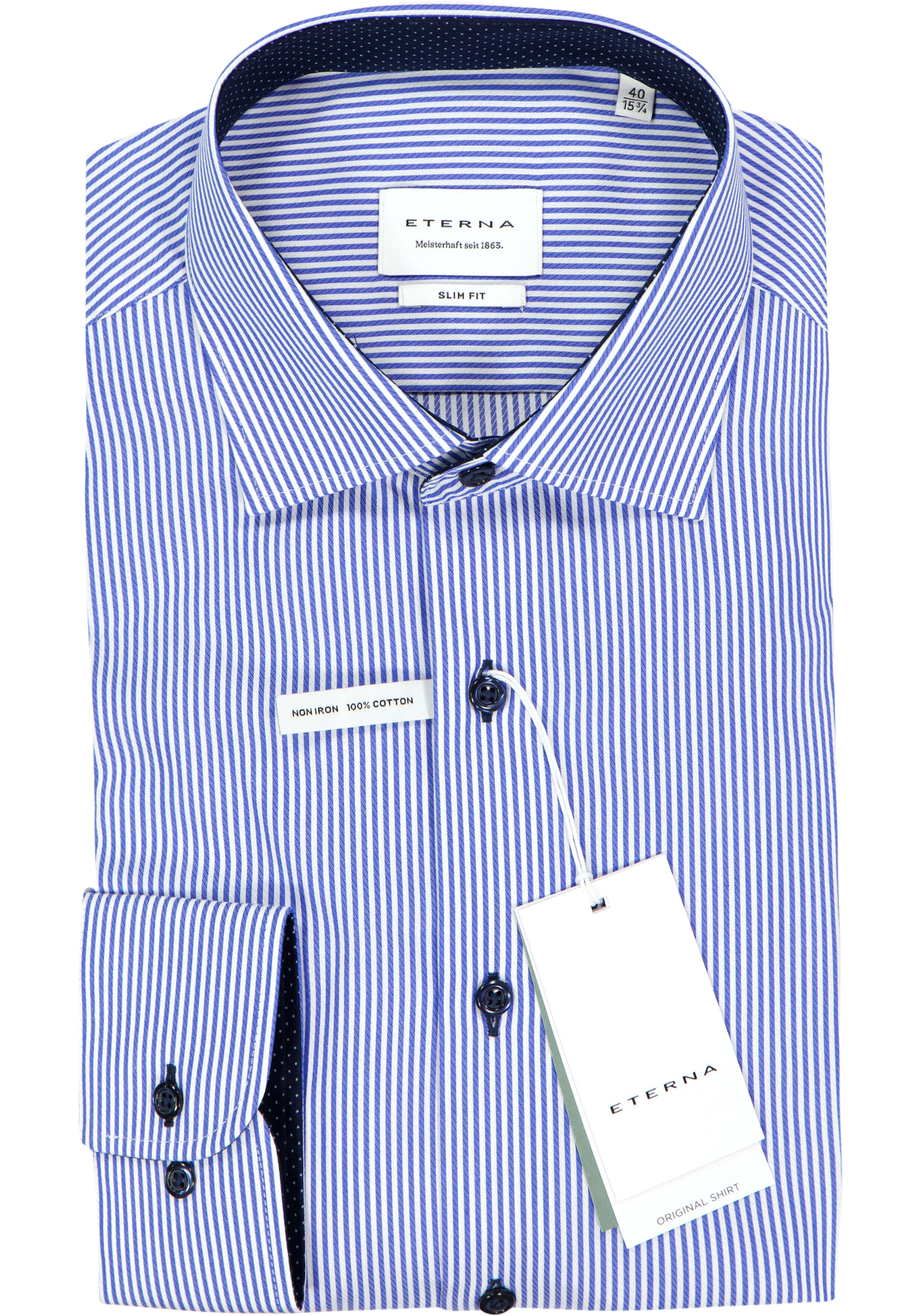 ETERNA slim fit overhemd, twill heren overhemd, blauw met wit gestreept (blauw contrast)