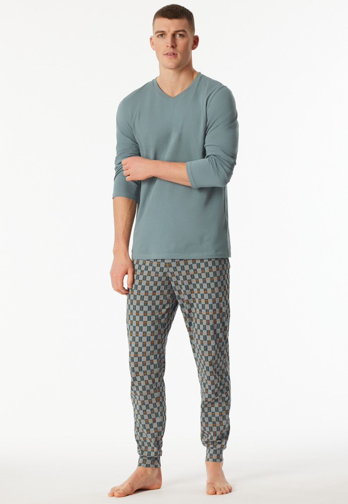 SCHIESSER Cotton Essentials Pyjama lang, heren pyjama set, mineraalgroen dessin