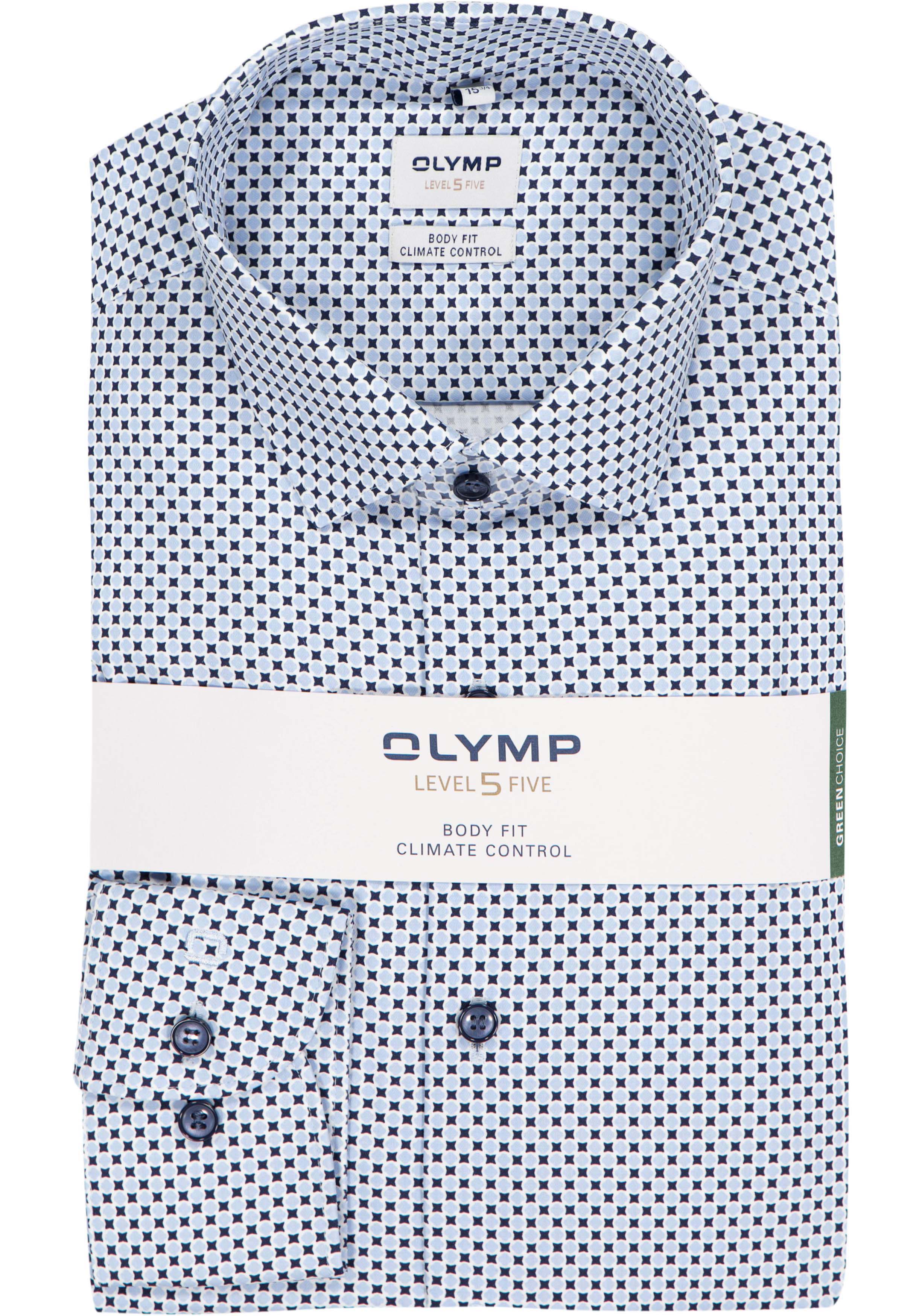 OLYMP 24/7 Level 5 body fit overhemd, dobby, licht- met donkerblauw dessin