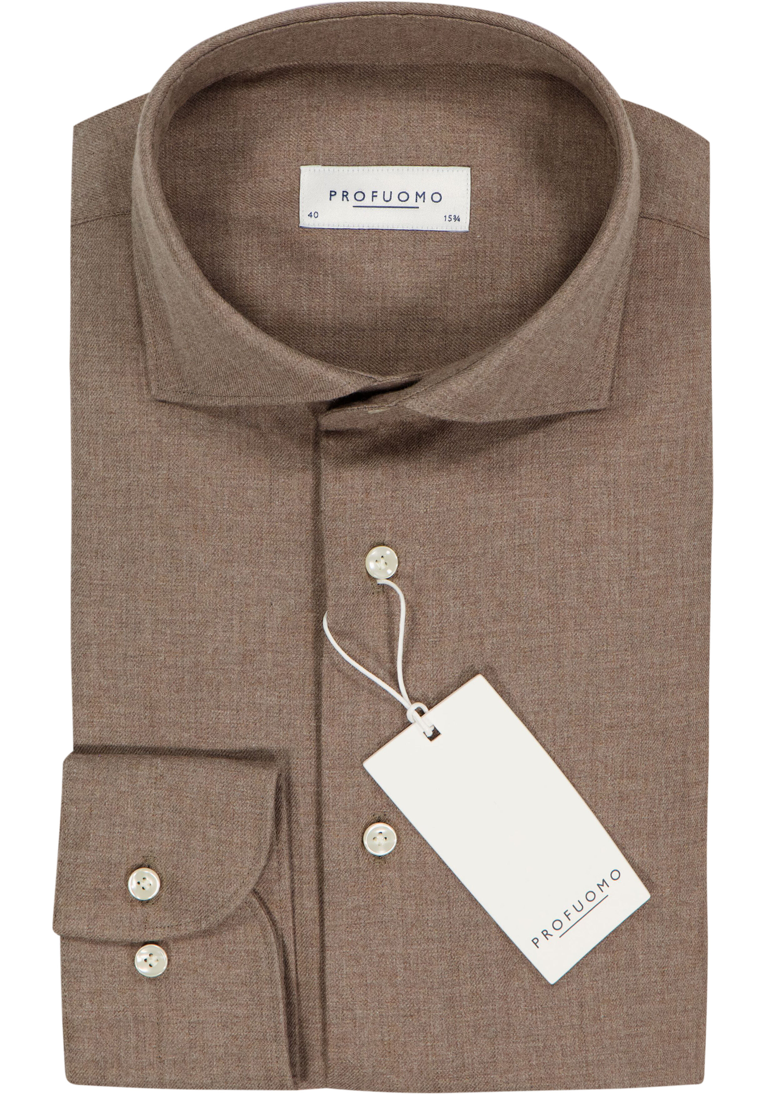 Profuomo slim fit heren overhemd, flanel, bruin