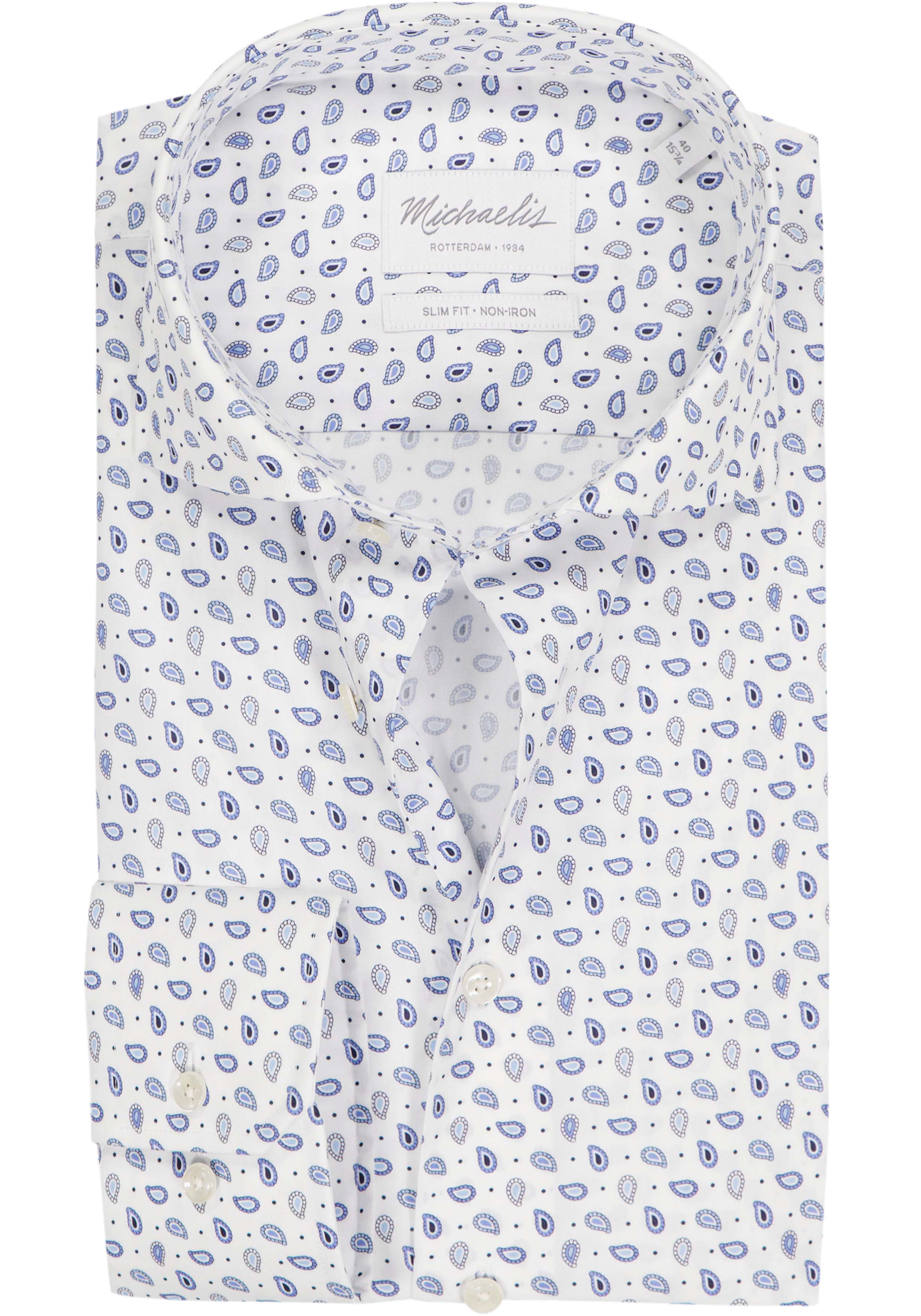 Michaelis slim fit heren overhemd, popeline, wit met licht- en donkerblauw paisley dessin
