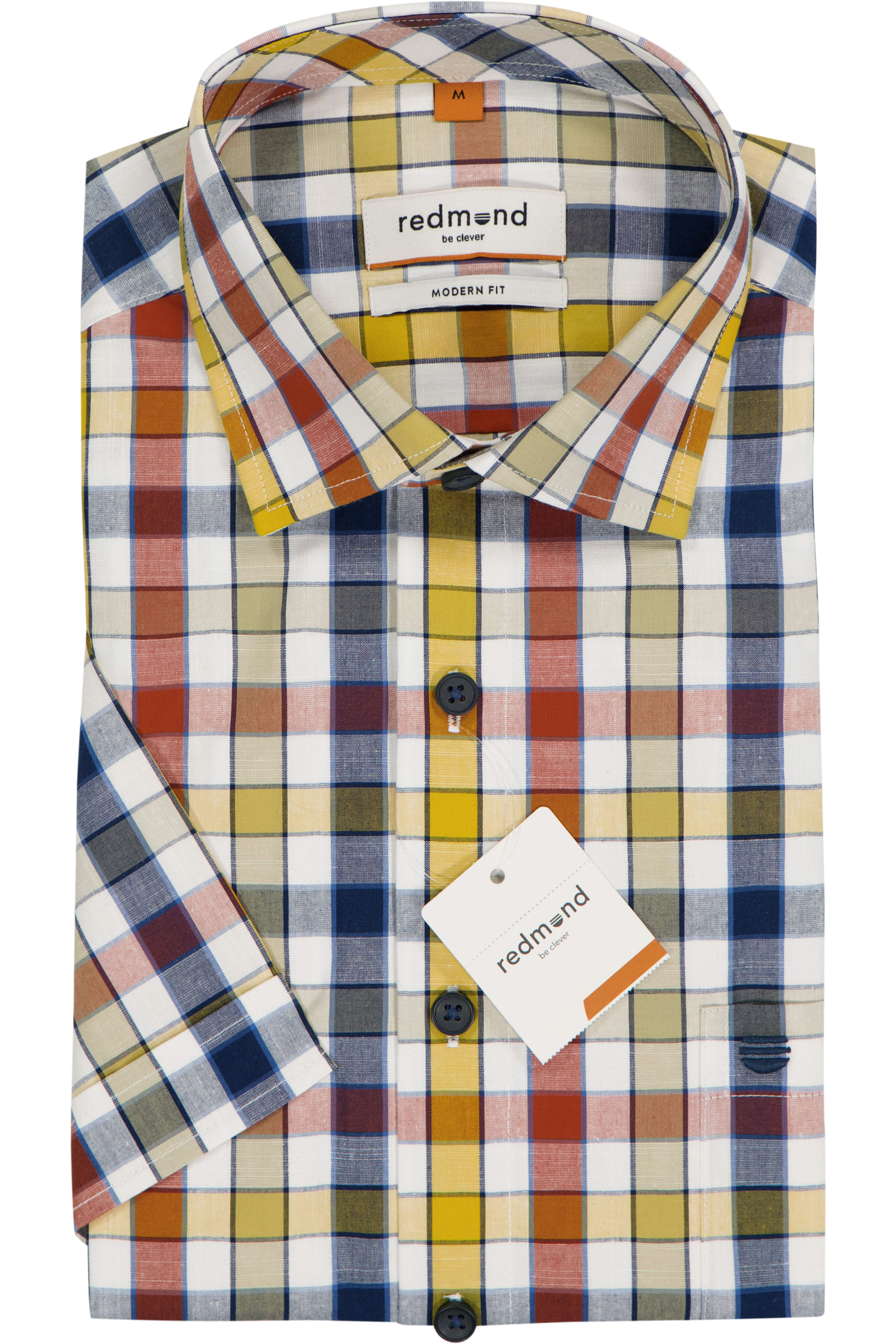 Redmond modern fit overhemd, korte mouw, chambray, blauw met wit, rood en geel geruit