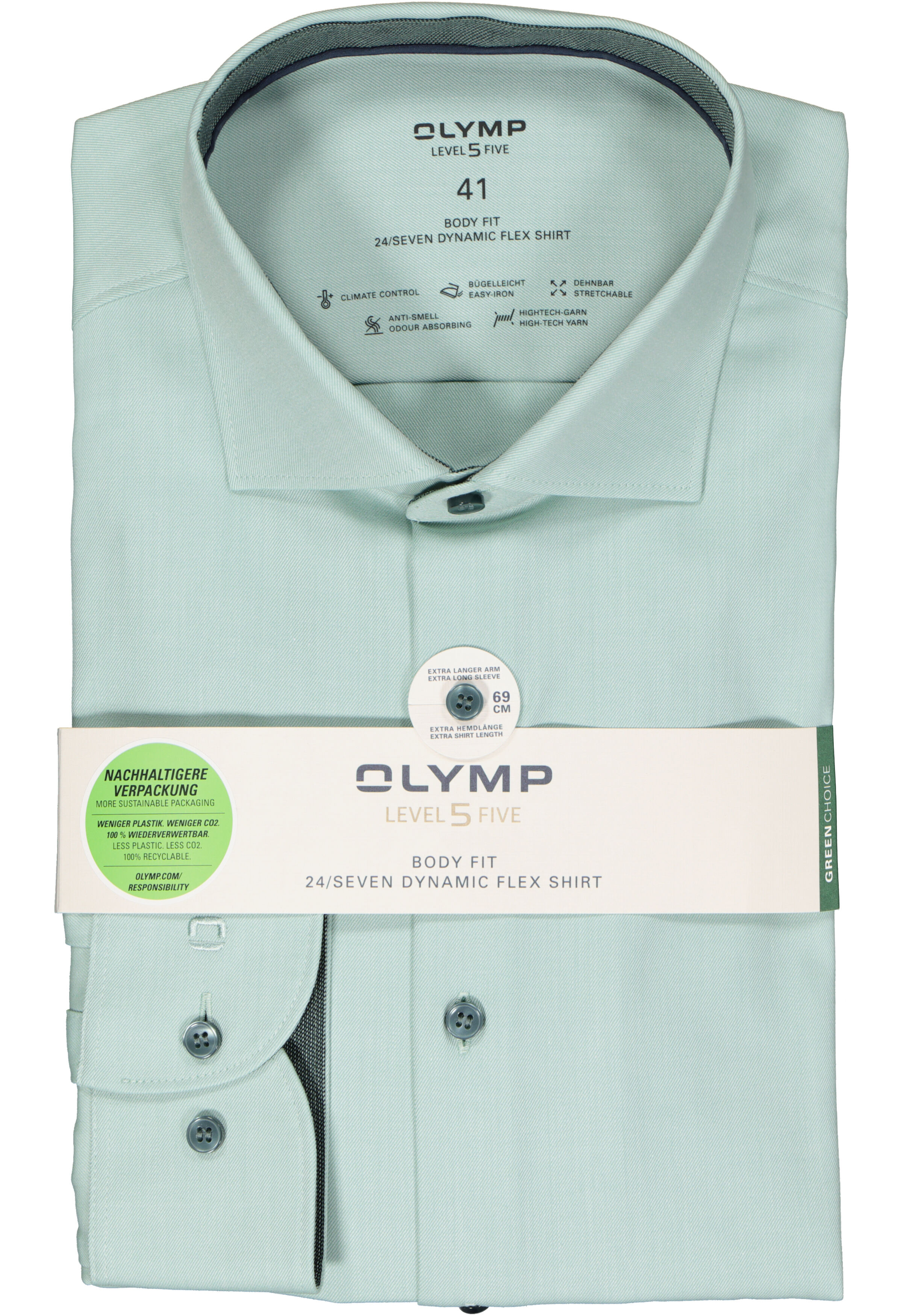 OLYMP 24/7 Level 5 body fit overhemd, mouwlengte 7, dynamic flex, groen