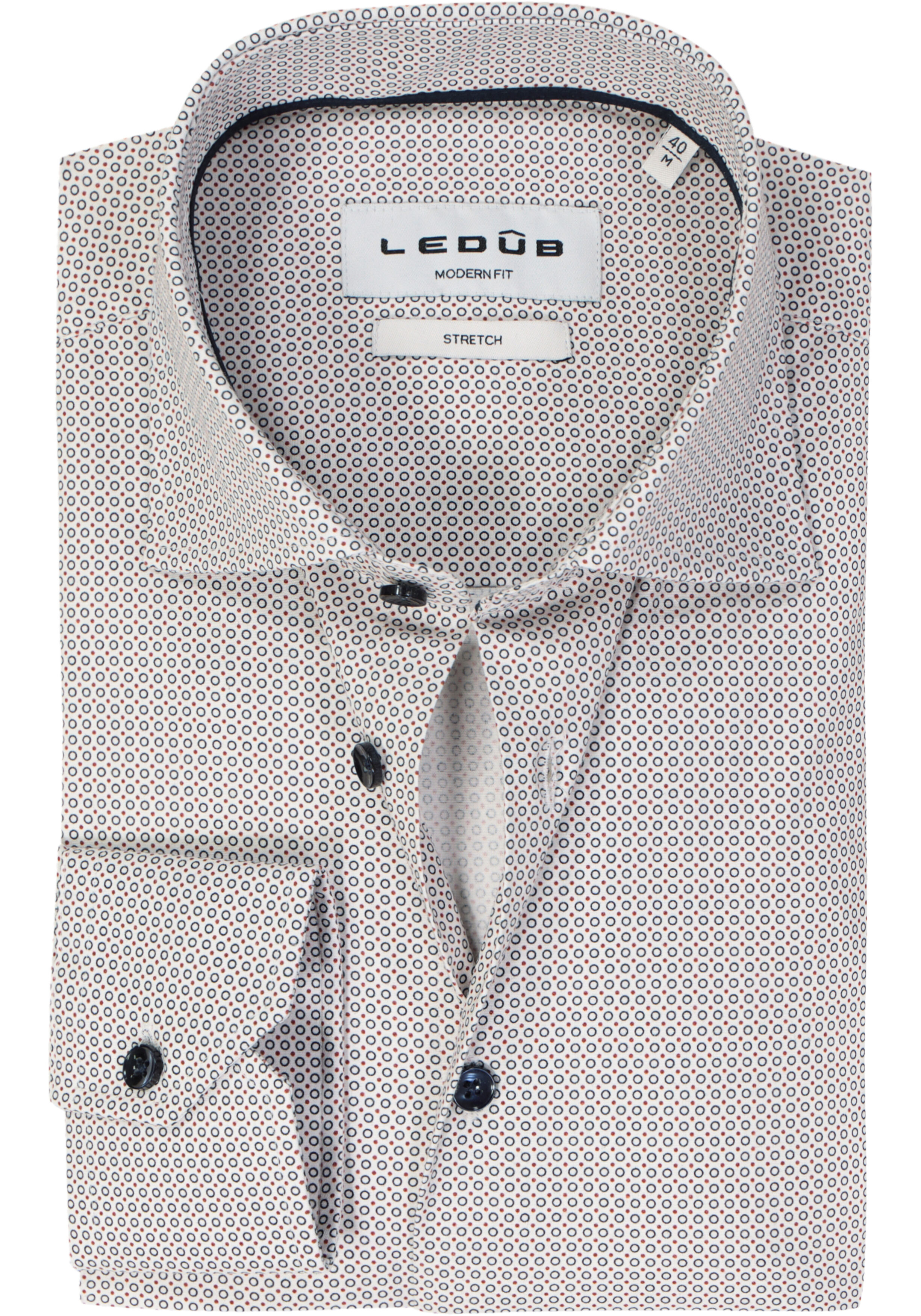 Ledub modern fit overhemd, popeline, donkerblauw met rood en wit dessin