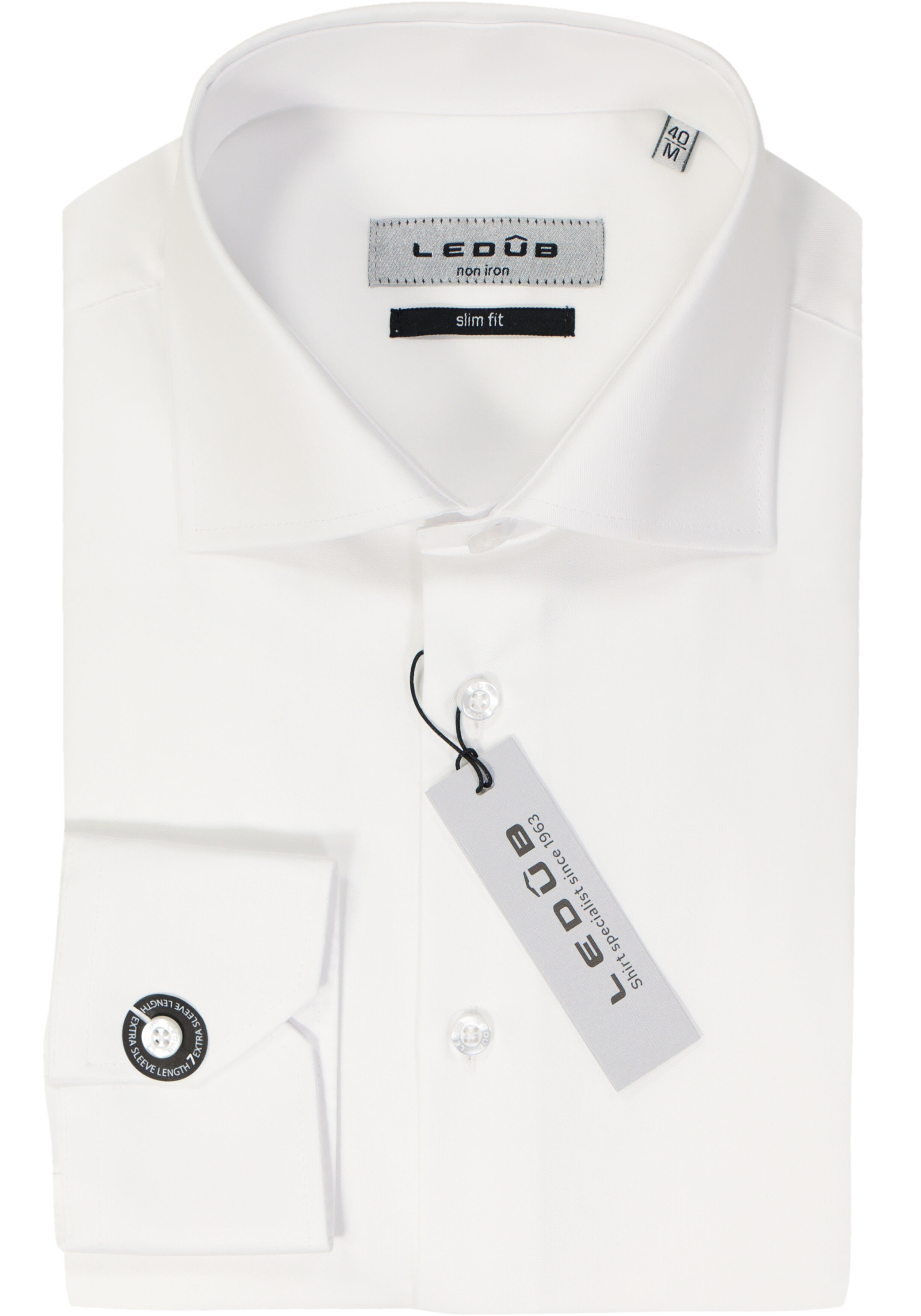 Ledub slim fit overhemd, mouwlengte 7, wit twill 