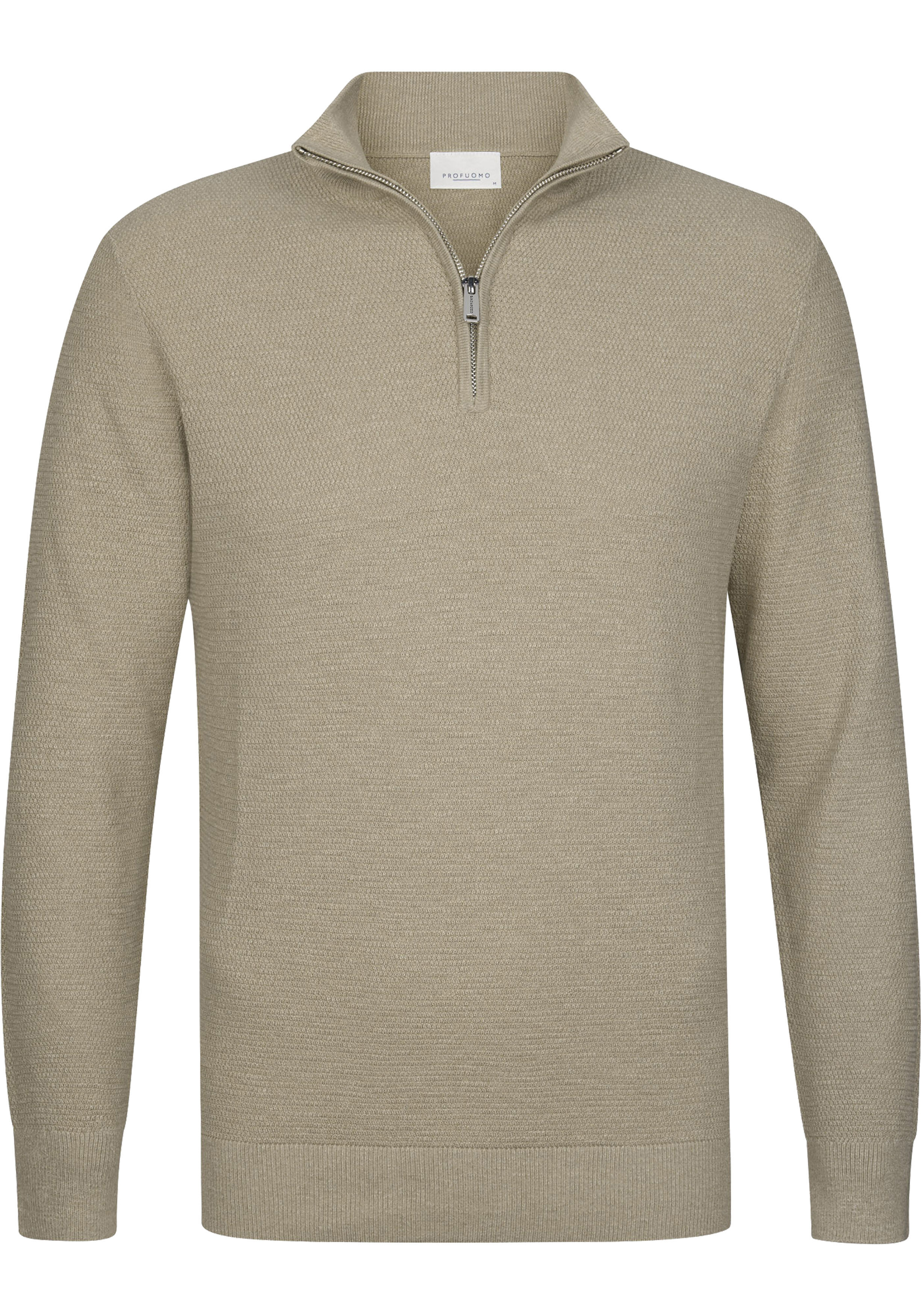 Profuomo heren trui katoen, slim fit trui met korte rits, beige