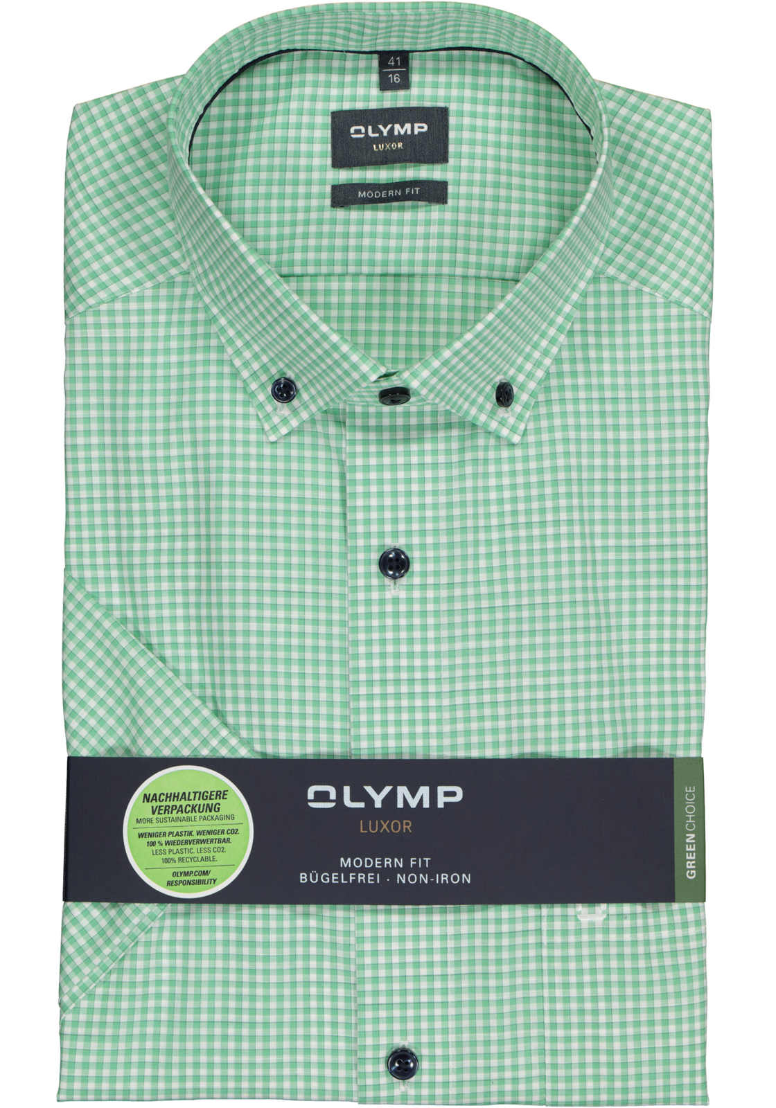2-4066425399828_olymp-overhemd_HR OLYMP modern fit overhemd, korte mouw, popeline, groen met wit geruit