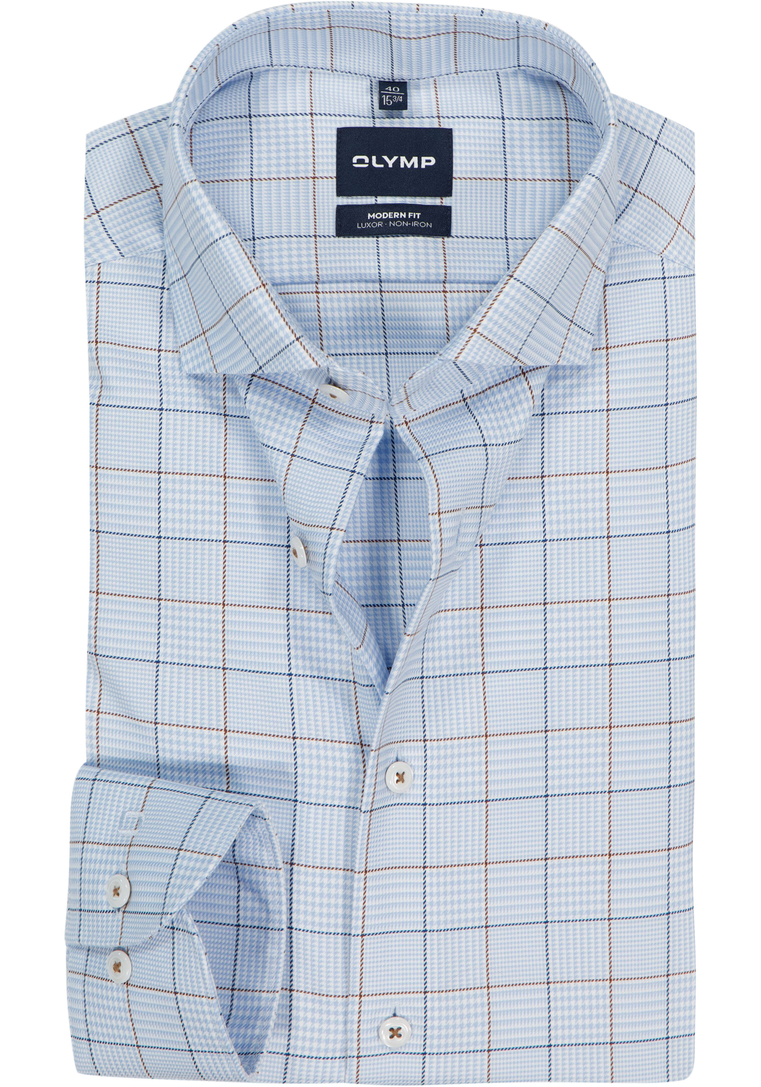 OLYMP Luxor modern fit overhemd, popeline, lichtblauw met bruin en donkerblauw en wit geruit