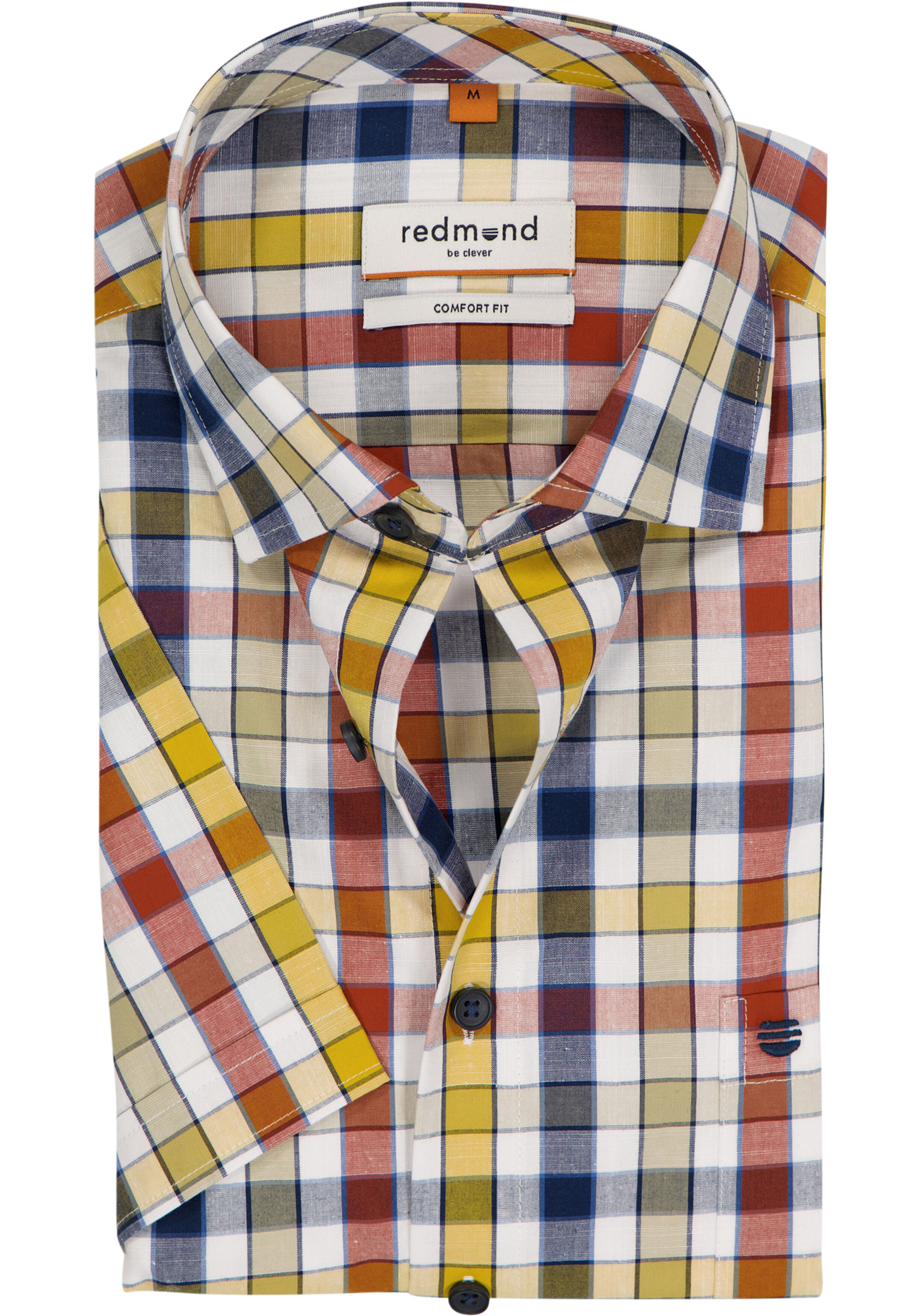 Redmond comfort fit overhemd, korte mouw, chambray, blauw met wit, rood en geel geruit