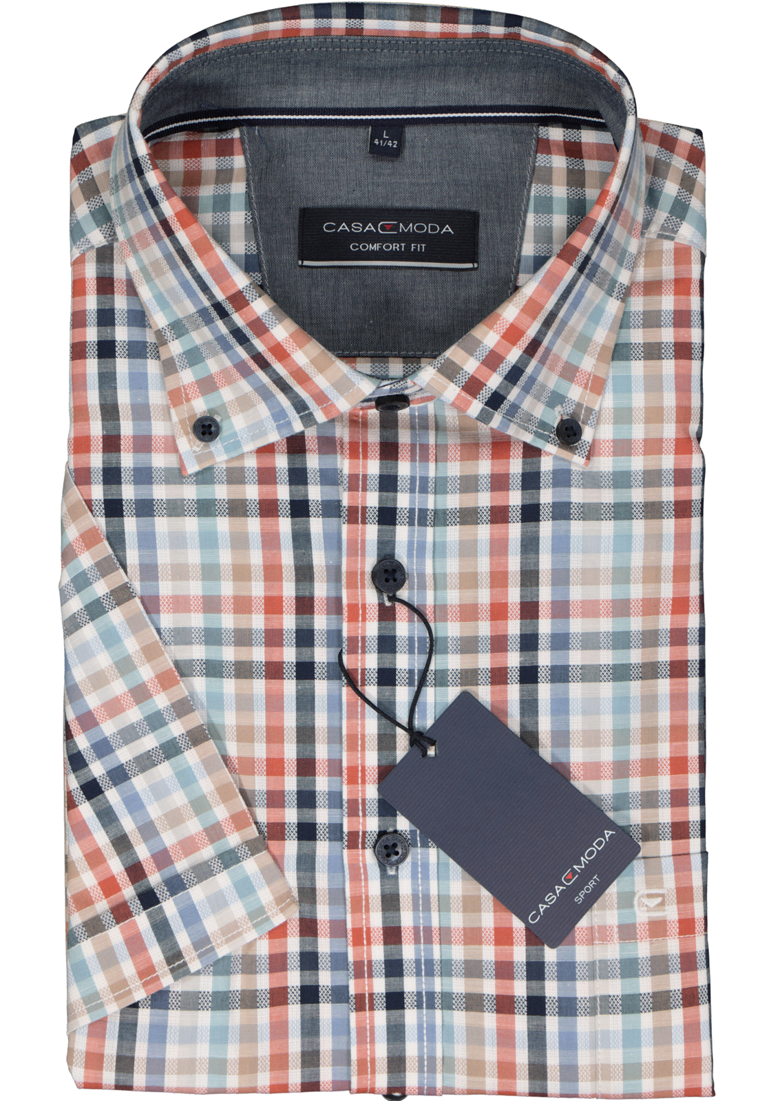 2-4064813862411_casa-moda-overhemd_HR CASA MODA Sport comfort fit overhemd, korte mouw, popeline, wit met blauw en oranje geruit
