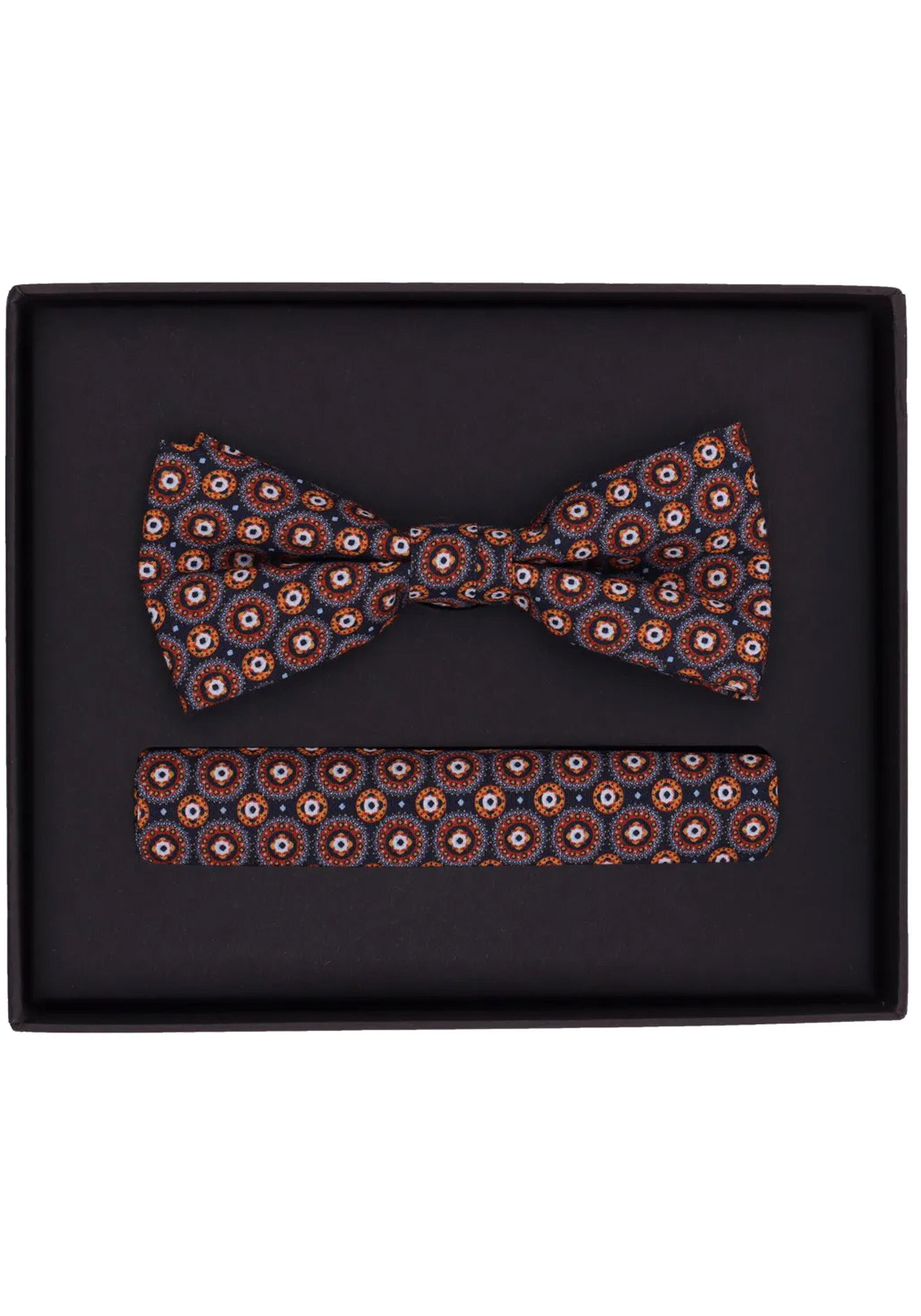 VENTI set met vlinderdas en pochet, oranje met blauw en wit dessin