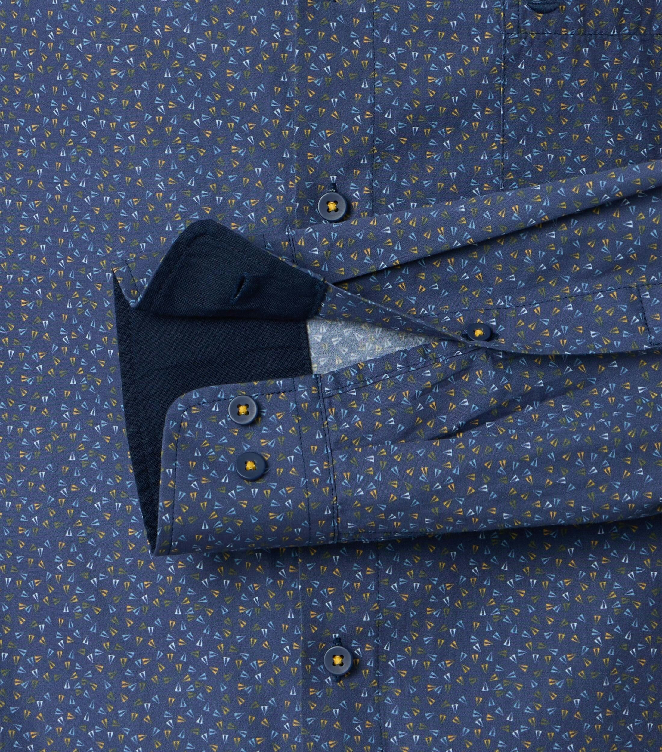 Redmond comfort fit overhemd, popeline, donkerblauw met geel en lichtblauw dessin