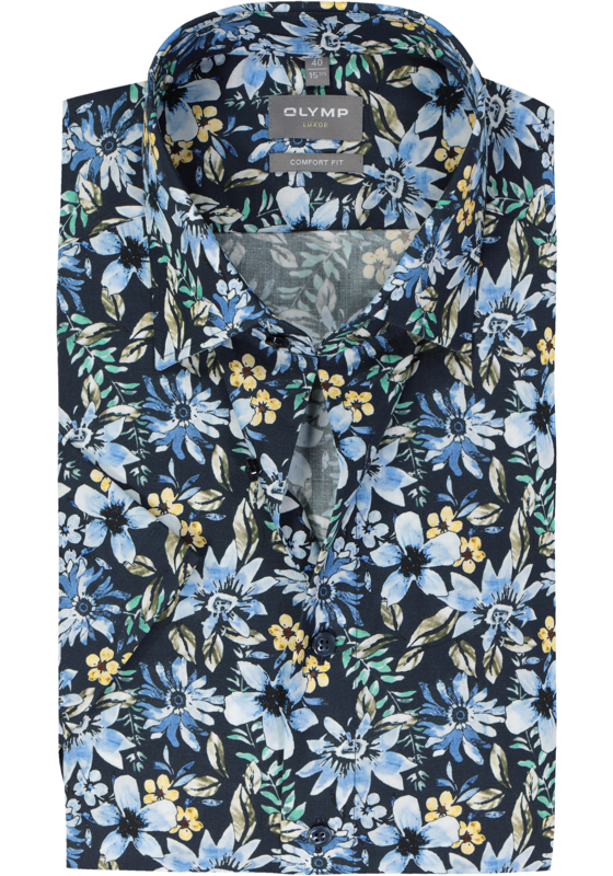 OLYMP comfort fit overhemd, korte mouw, popeline, donkerblauw met groen, geel en lichtblauw bloemen dessin OLYMP comfort fit overhemd, korte mouw, popeline, donkerblauw met groen, geel en lichtblauw bloemen dessin