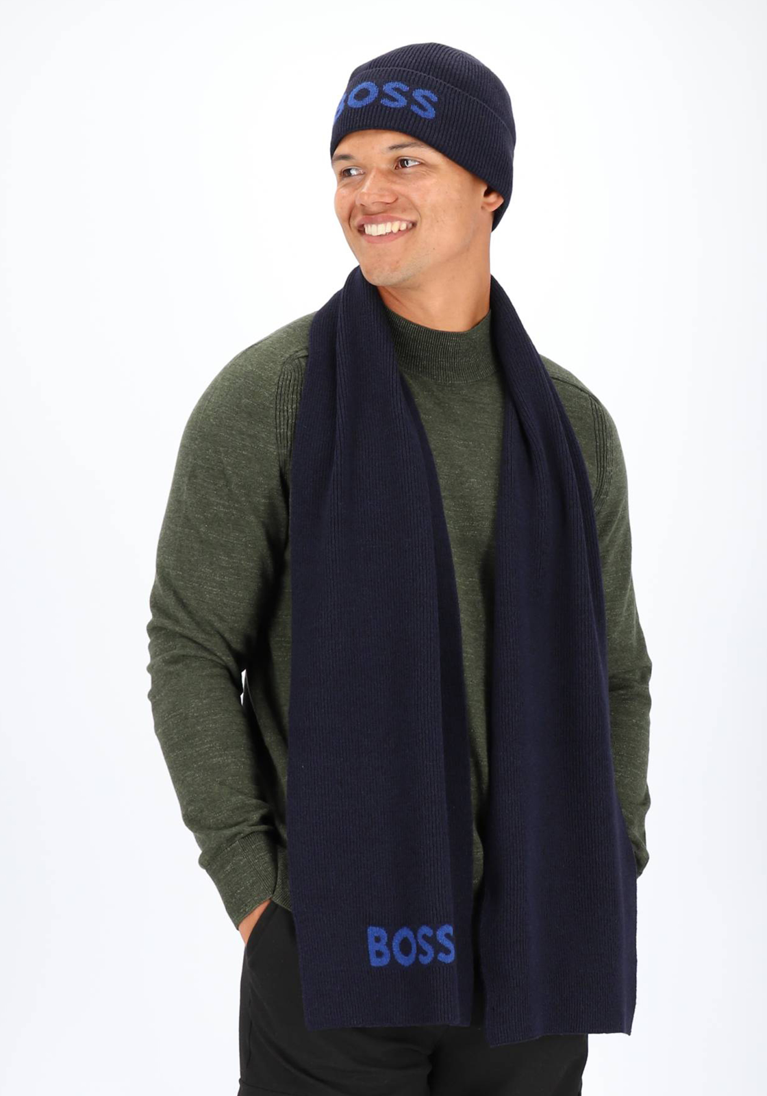 BOSS Elios sjaal wolmengsel, heren sjaal gebreid, donkerblauw BOSS Elios sjaal wolmengsel, heren sjaal gebreid, donkerblauw
