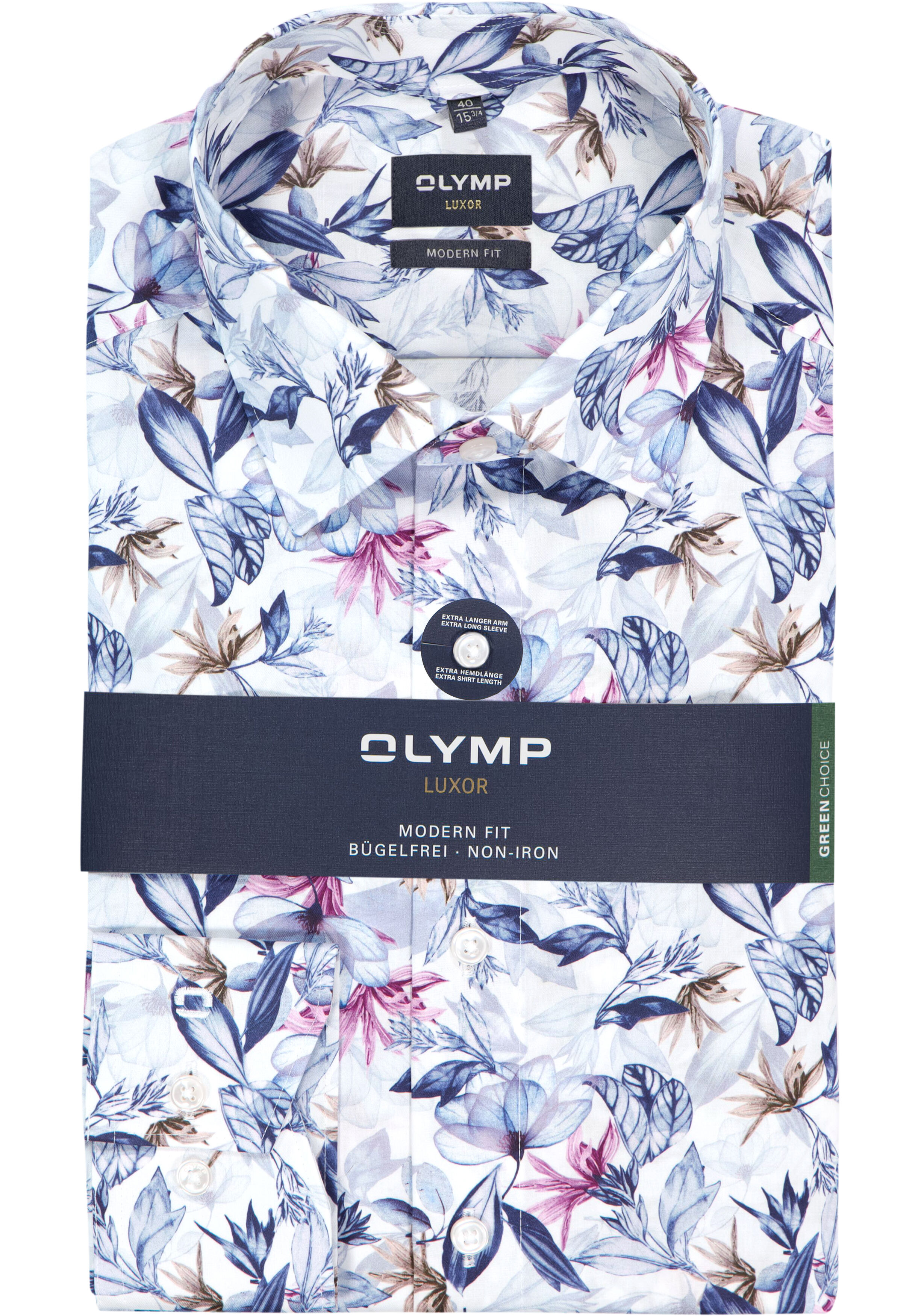 OLYMP Luxor modern fit overhemd, mouwlengte 7, dobby, wit met blauw en roze bloemen dessin