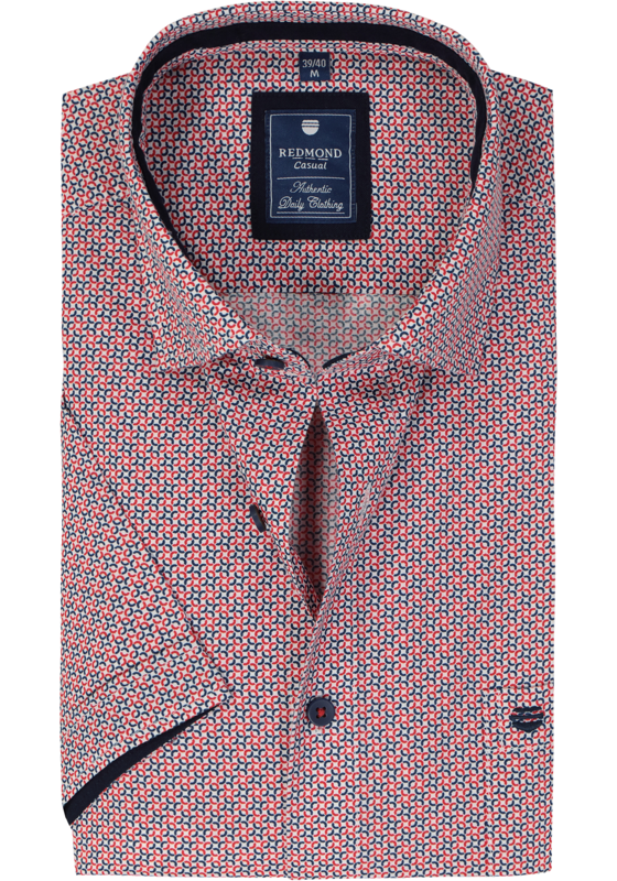 Redmond comfort fit overhemd, korte mouw, popeline, blauw met wit en rood dessin Redmond comfort fit overhemd, korte mouw, popeline, blauw met wit en rood dessin