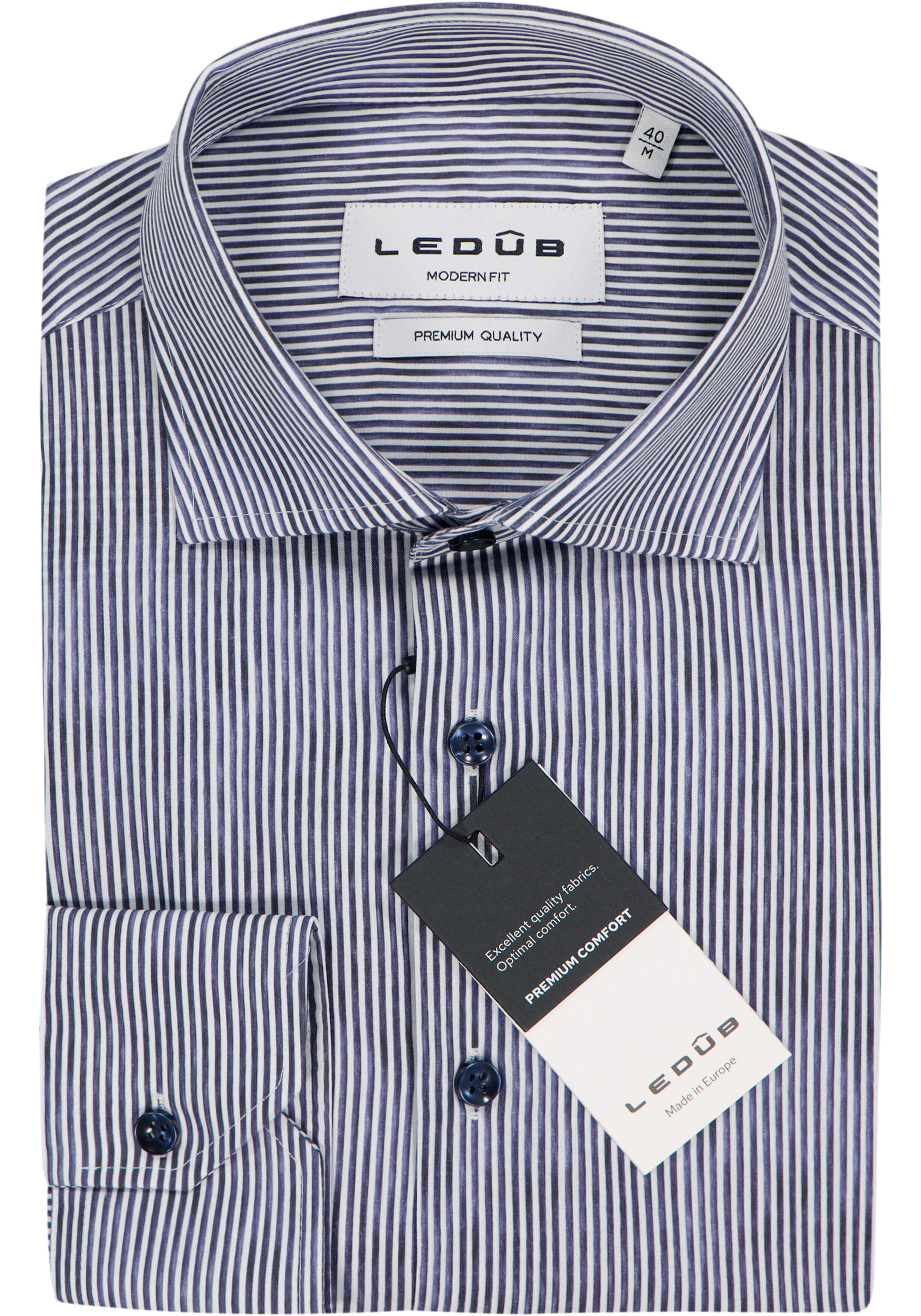 Ledub modern fit overhemd, popeline, donkerblauw gestreept