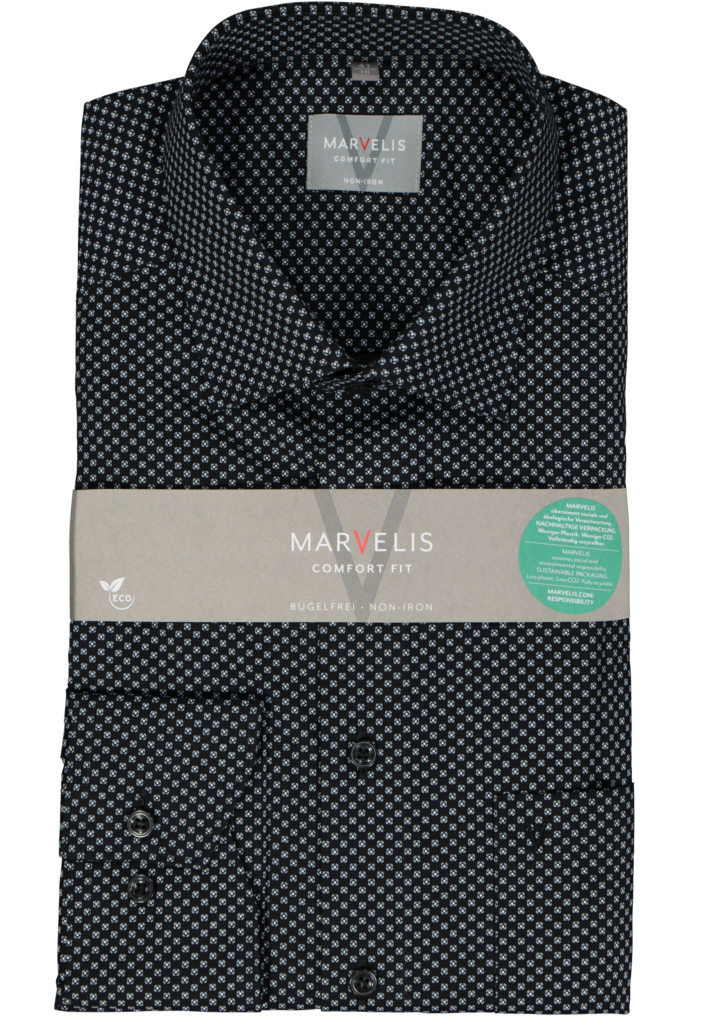 MARVELIS comfort fit overhemd, popeline, zwart met grijs en wit dessin